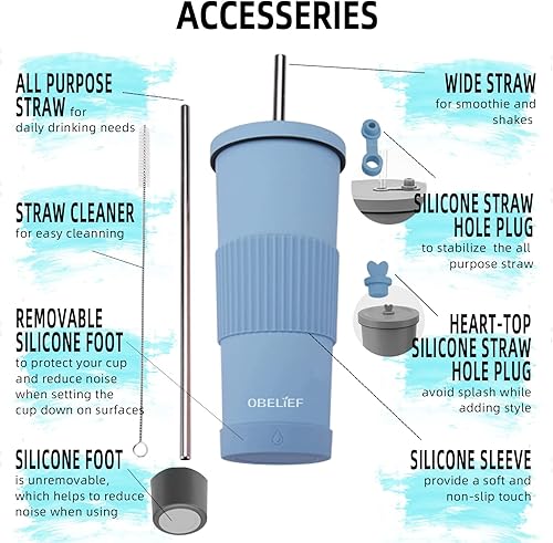 Miniatura 2 de OBELIEF Vaso aislado de 30 onzas con tapa y pajita, posavasos de silicona con mangas y puntas para pajita, taza de café aislada, termo de café,