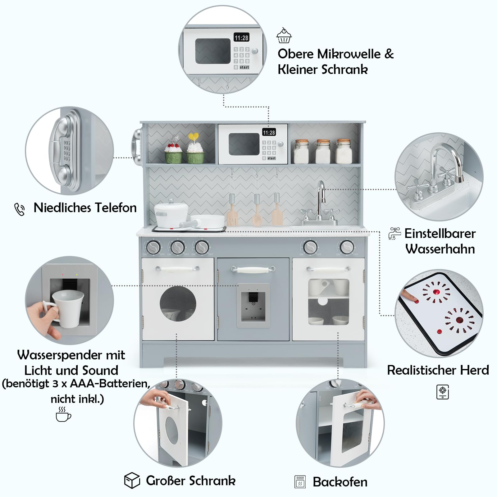 DREAMADE Spielküche Kinderküche mit Licht und Sound, Kinderspielküche mit Spüle Herd Backofen Mikrowelle, Kinder Küche aus Holz mit Spielzubehör für Kinder ab 3 Jahren