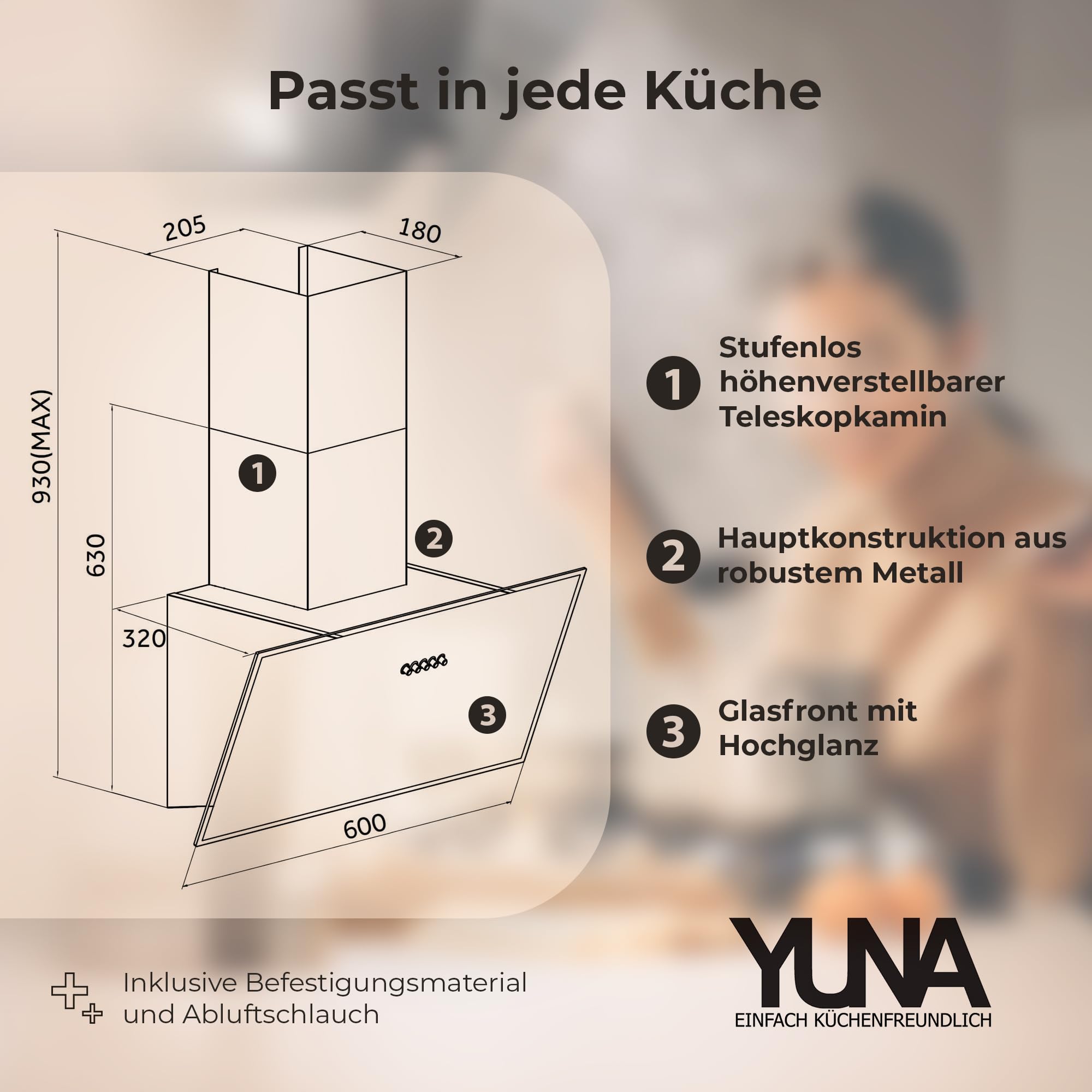 YUNA Dunstabzugshaube DUANA 60 cm Schwarz Glasfront 3 Leistungsstufen Abluft Umluft Kopffrei LED Beleuchtung Ohne Kohlefilter
