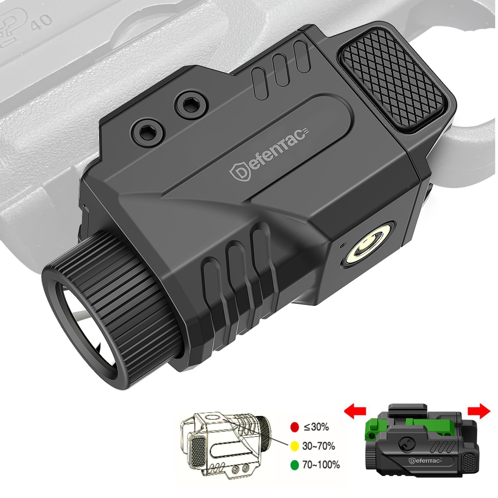 DEFENTAC 800lm Slidable Gun Light with Power Level Indicator, Magnetic Charging Pistol Flashlight W/Strobe, Compatible with Picatinny Rail (21±0.5MM Width)