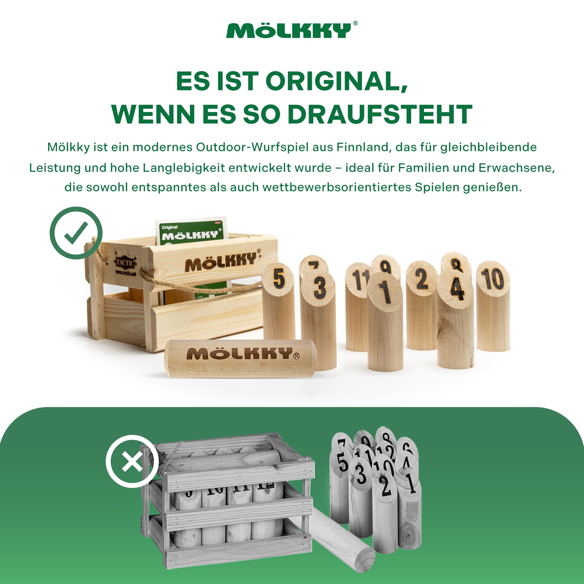 Mölkky Original - Holz Wurfspiele für Draußen, Garten, Picknick, Strand, Freizeit, Camping - Birkenholz 12 Kegel,1 Stock, Spiel Outdoor für Familie, Gruppen, 2+ Spieler, ab 6 Jahren