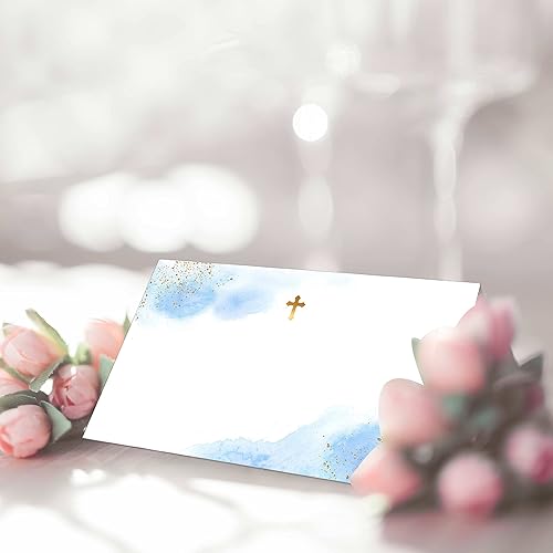 Miniatura 3 de MVXAD Tarjetas de bautismo de papel de aluminio dorado, tarjetas de nombre de primera comunión azul acuarela para colocar la mesa, celebración de