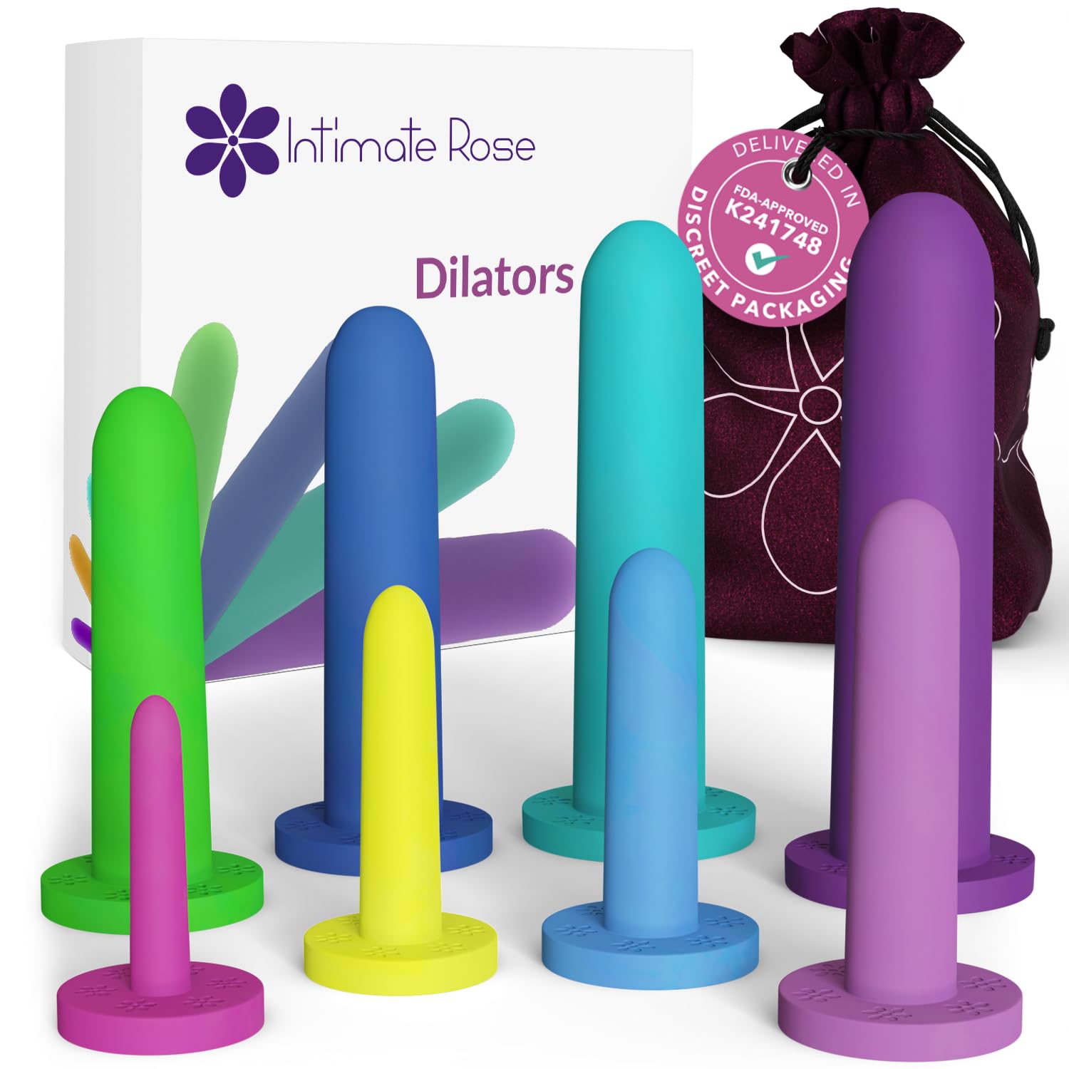 Silicone Vaginal Dilators 510k FDA Cleared - Vaginismus & Pelvic Pain Relief Dilators for Women - Full Set 8-Pack Sizes 1-8 by Intimate Rose