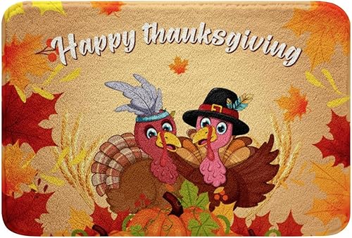 Thanksgiving Bath Mat for, Turkey Pumpkin Maple Leaves Rugs, Fall Harvest Theme Bath Carpets, Non Slip Plush, 32x20In