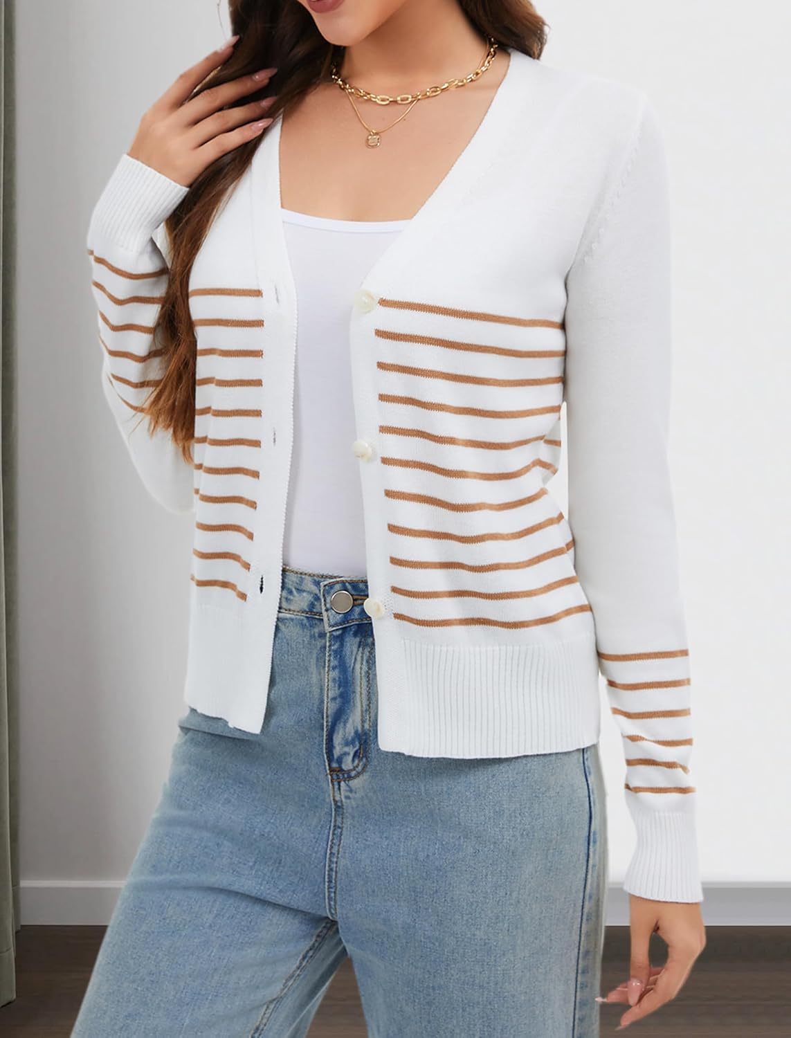 Women Striped Cardigan Sweaters Button Down V Neck Open Front Long Sleeve Knit Sweater Fall Trendy Lightweight Coat - Image 5