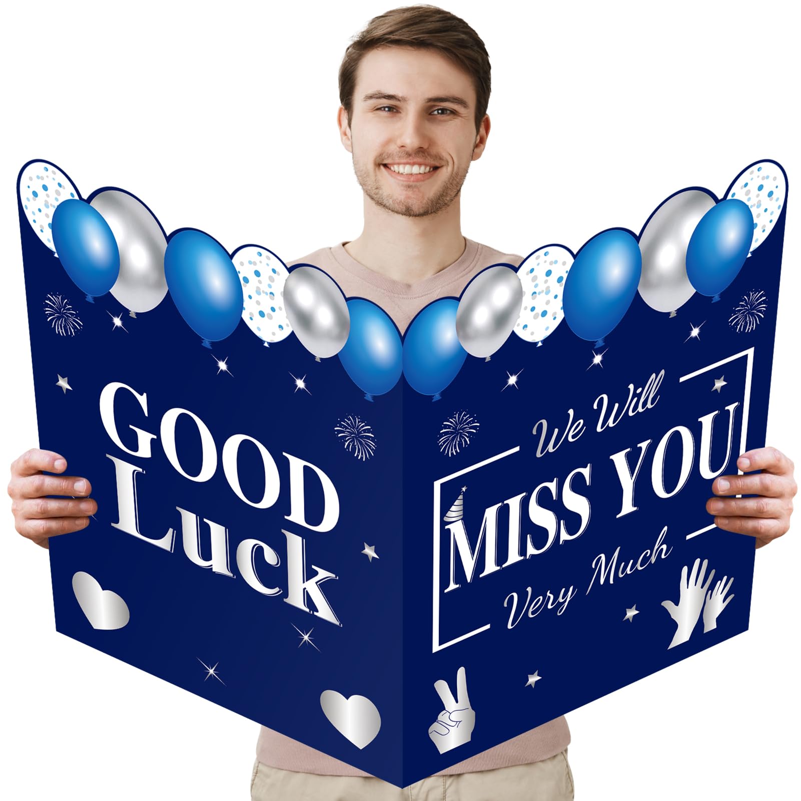 Turypaty Retirement Greeting Card for Men Coworkers, Large Blue Silver Guest Signature Book Gifts, We Will Miss You Good Luck Blessing Greeting Card