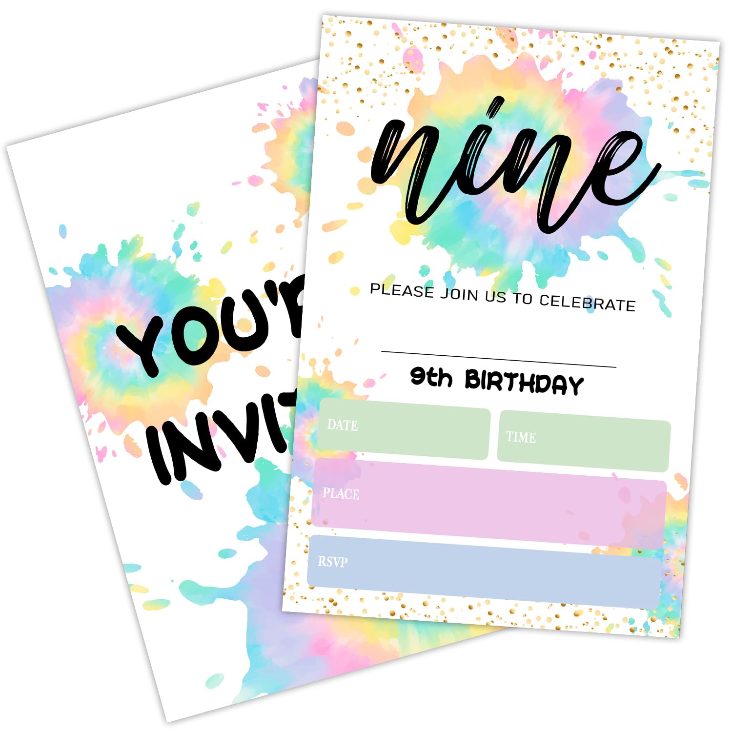 GaNiao 9th Birthday Party Invitation Cards for Boys Girls Teens Children Watercolor Rainbow Tie Dye Birthday Invites Party Supplies Favors Decorations