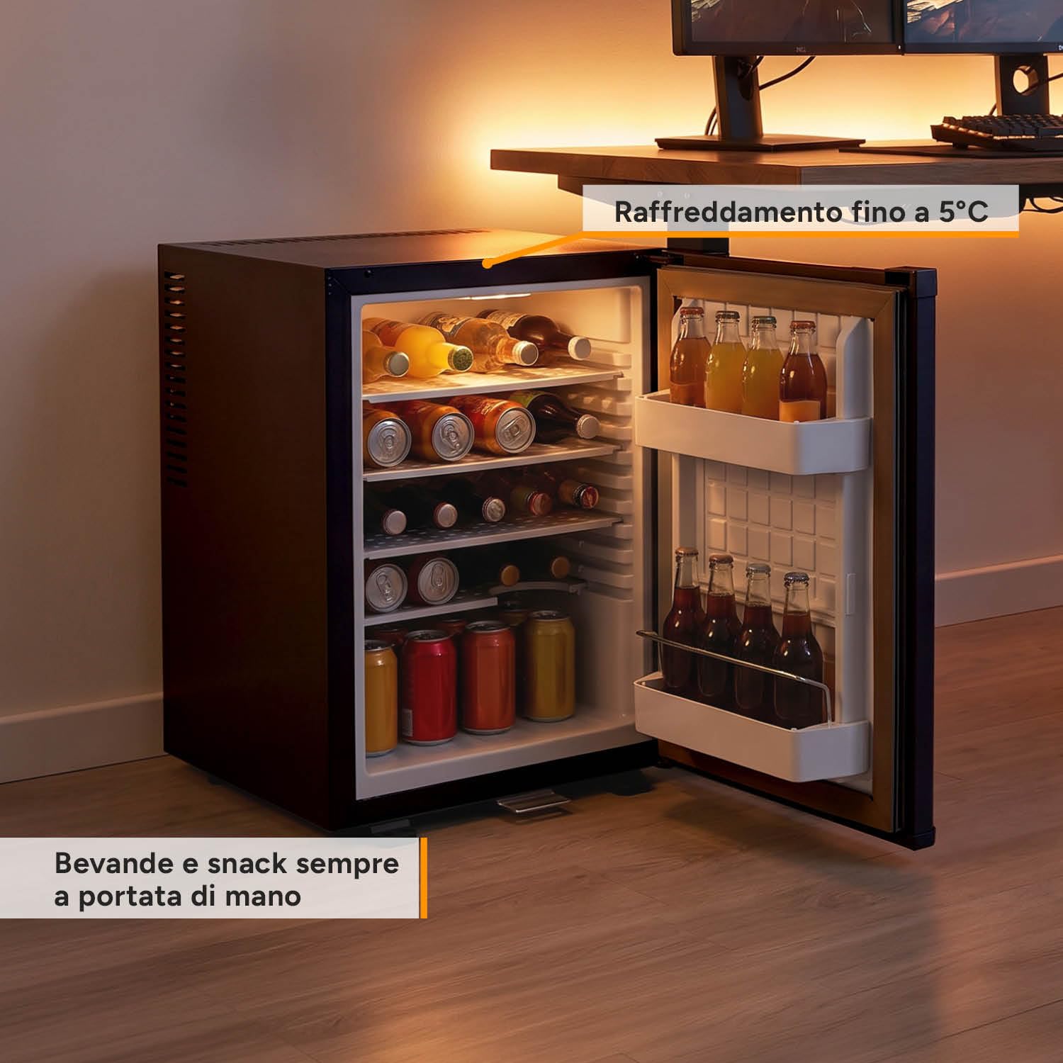 TZS First Austria - Mini Frigorifero 40L silenzioso - Piccolo Minifrigo con porta reversibile e luce interna - Minibar per campeggio, ufficio, camera da letto e hotel - Nero opaco