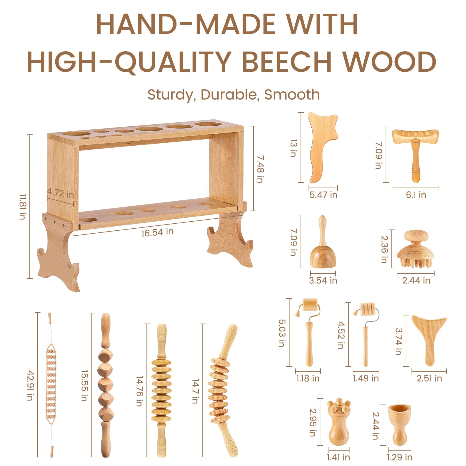 Meifuly 13 en 1 herramientas de masaje de terapia de madera con estante de almacenamiento de lujo, kit completo de masaje de madera para moldear el cuerpo, drenaje linfático, alivio del dolor