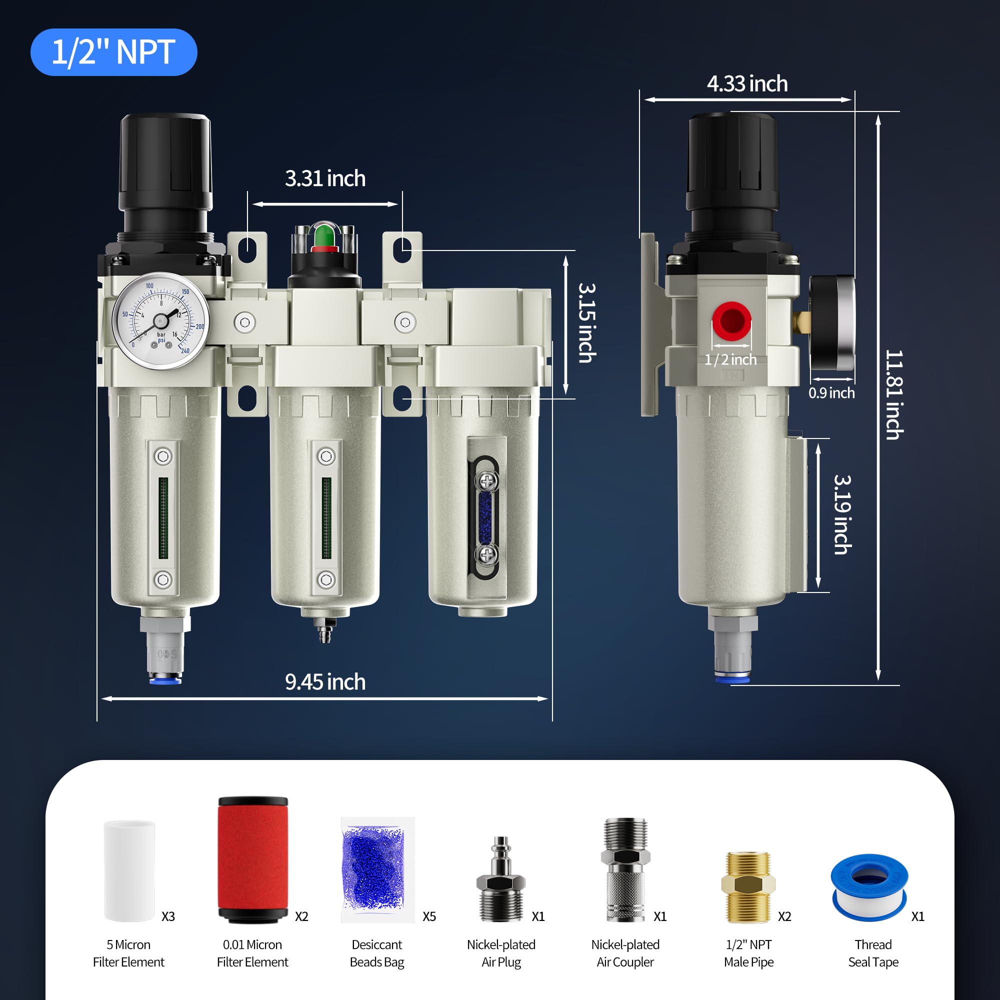 Sistema di filtro per compressore d'aria NPT da 1/2", separatore d'acqua industriale ad aria compressa a 3 fasi con drenaggio automatico, filtro coalescente, essiccatore d'aria e regolatore di