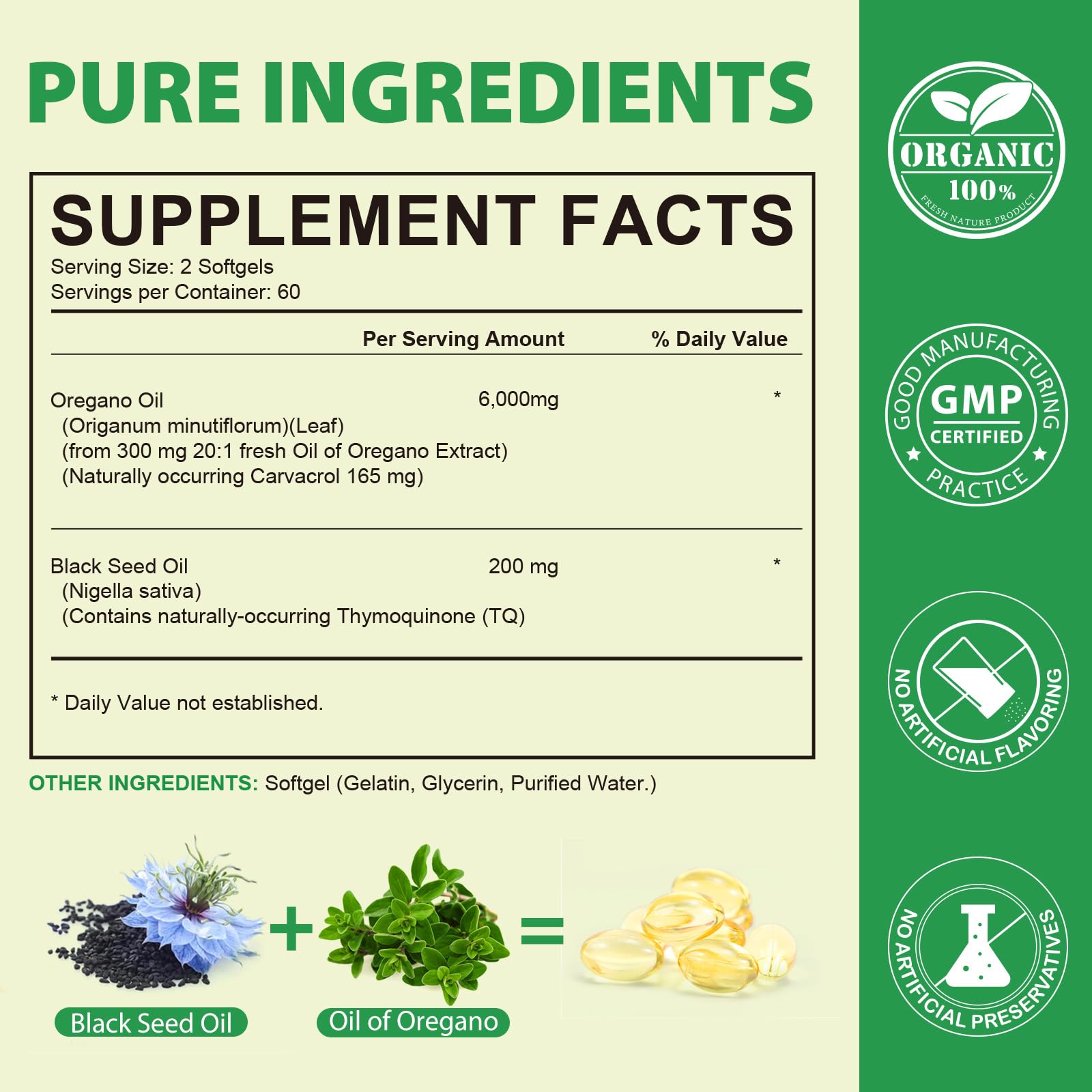 Oil of Oregano, Huile d Origan et Nigelle, Huile d'origan 2 en 1 (6000 mg) avec Huile de Nigelle (200 mg),Carvacrol (165 mg),Biologique, Sans OGM,Favorise la Santé Immunitaire et Digestive,240 Gélules