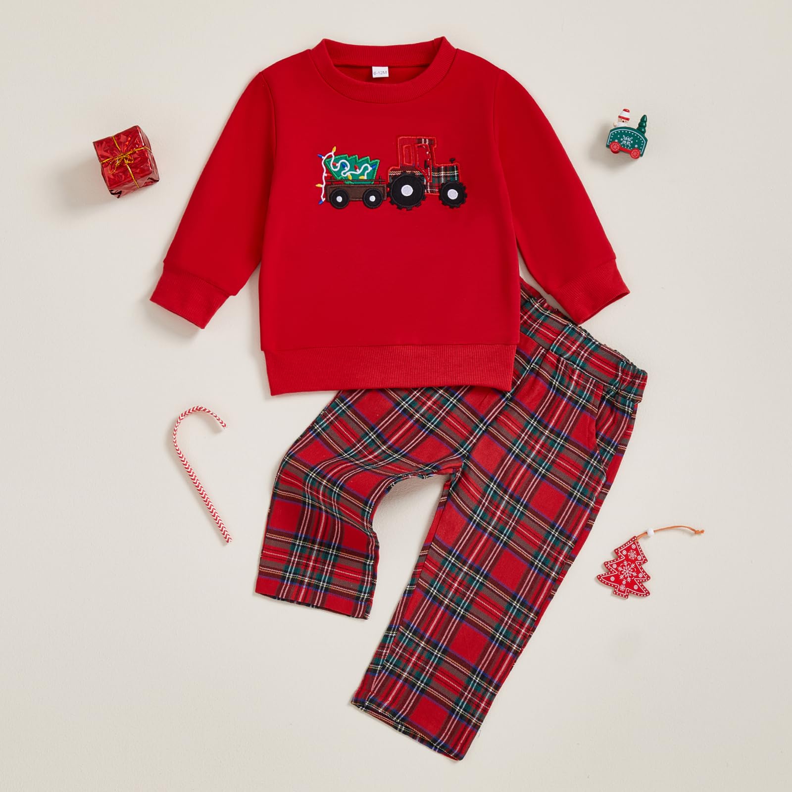GXNRHG Kleinkind-Baby-Jungen-Valentinstag-Outfit, LKW-Herz-Aufdruck, langärmliges Sweatshirt mit Rundhalsausschnitt und Karierte Hose, süßes 2-teiliges Kleidungsset
