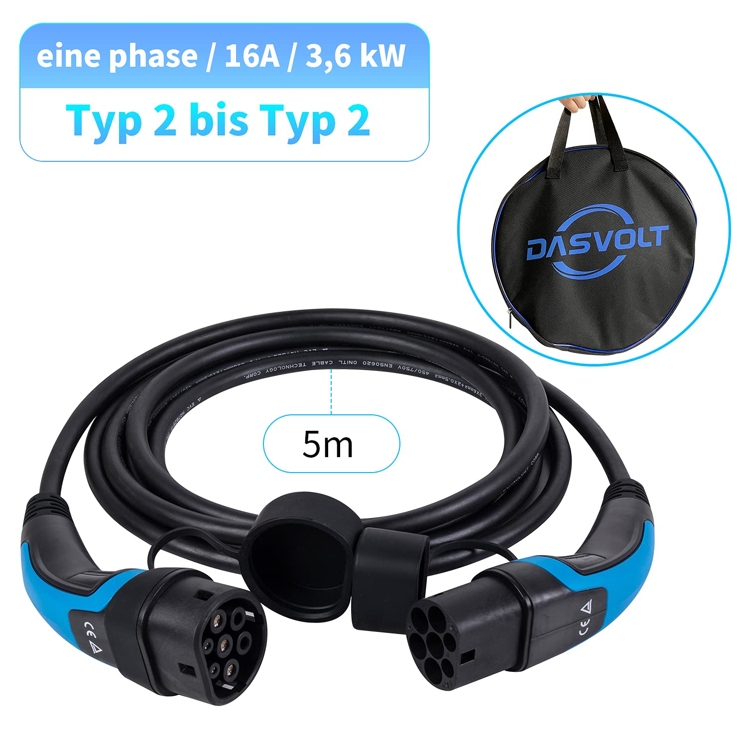 lighteu, DasVolt® Kabel do ładowania EV/pojazdów elektrycznych i hybryd plug-in | Typ 2 na typ 2 | 16 A (3,6 kW)/jedna faza | 5M Kabel do ładowania w domu IP55