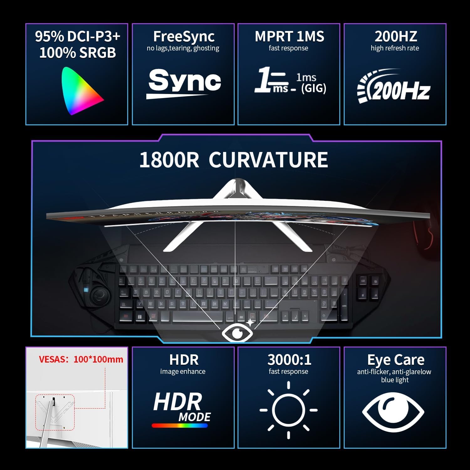 CRUA 27'' Curved Gaming-Monitor, FHD 1080p