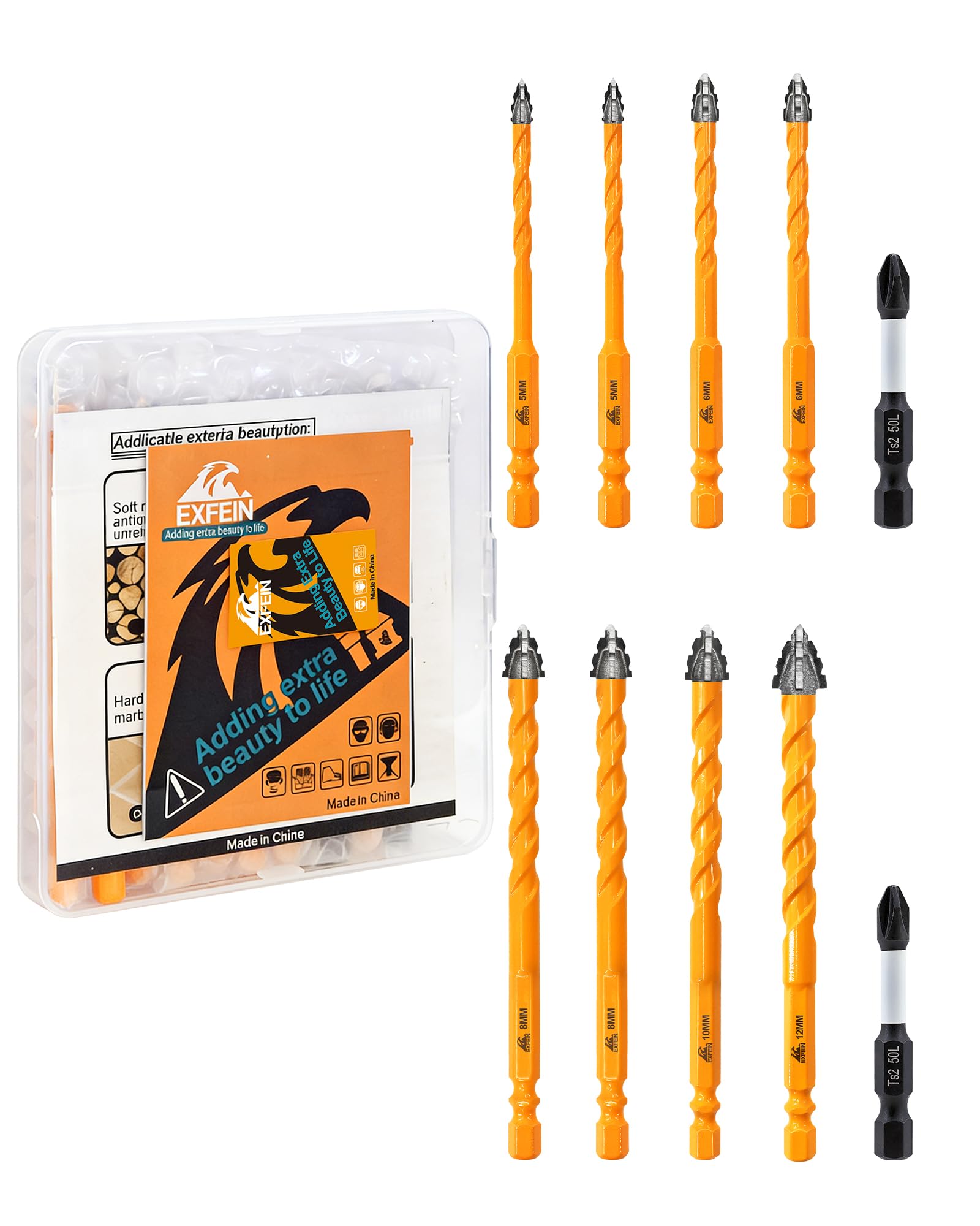Zestaw precyzyjnych wierteł do muru - 2 x 5 mm + 2 x 6 mm + 2 x 8 mm + 10 mm + 12 mm ząbkowane wiertło z twardego metalu + 2 x bit magnetyczny do betonu, płytek, cegły, marmuru, drewna i tworzywa