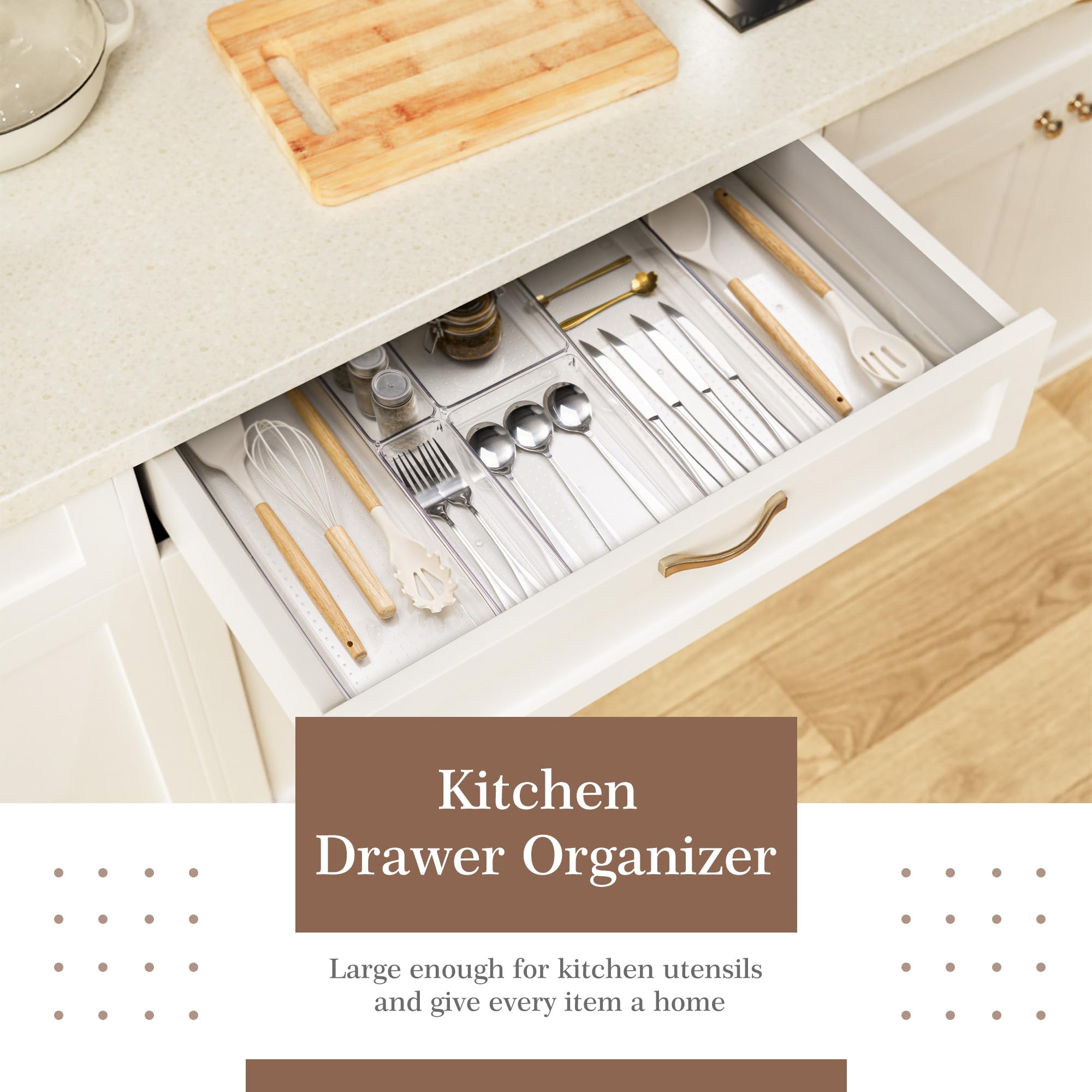 Criusia Set di 11 organizer per cassetti in plastica trasparente, 5 vassoi versatili per cucina e bagno, contenitori antiscivolo per trucchi, utensili, utensili e scrivania da ufficio