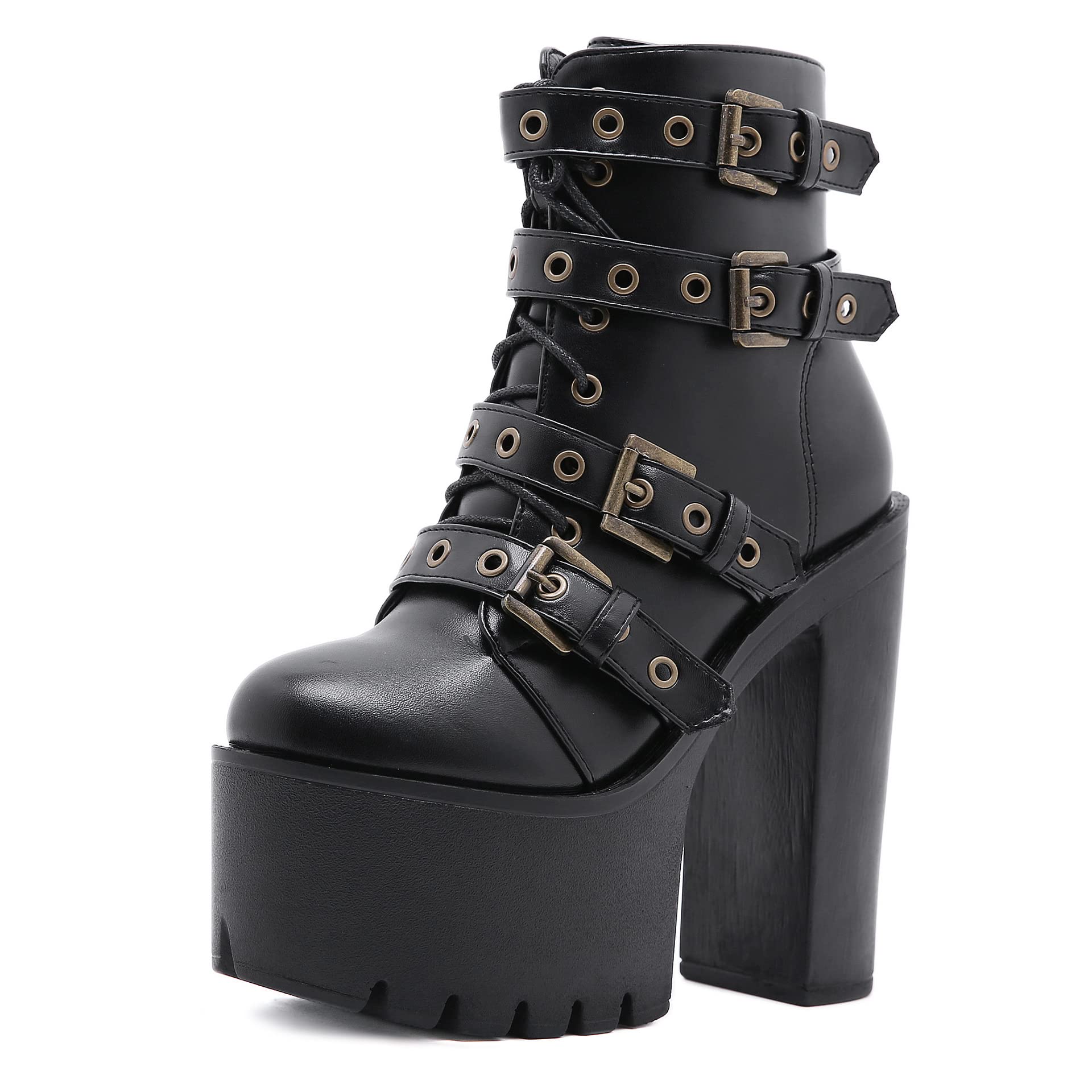 Womens Gothic Sexy Lace Up High Heel Platform Boots Chunky Block Ankle Gothic Combat Boots Platform Ankle Boots
