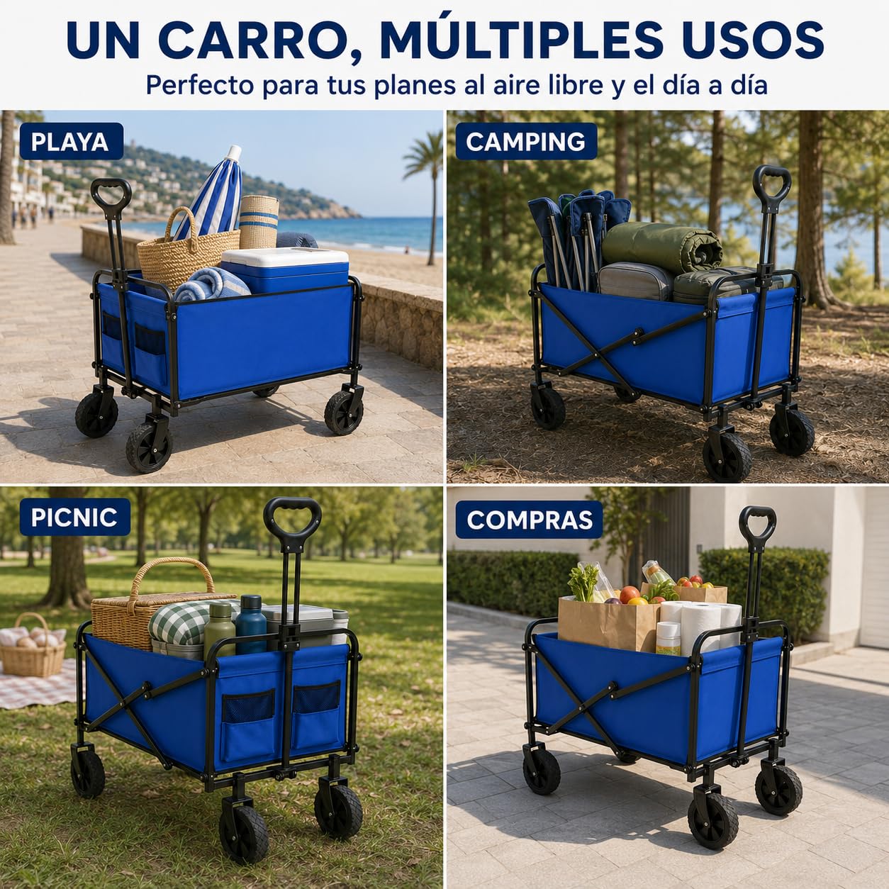 Carro Plegable con 4 Ruedas, Carrito de Transporte con Asa Telescópica y 2 Bolsillos Frontales, Carro para Playa, Camping, Picnic y Compras, Azul