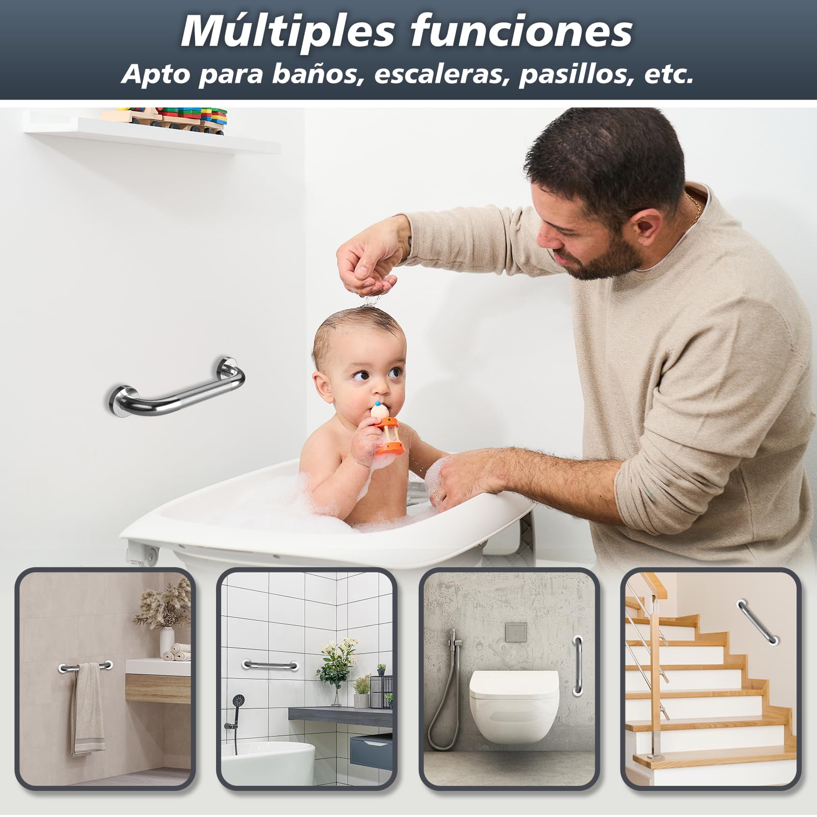 supregear Agarraderas Baño Para Mayores, Barra Acero Inoxidable Antideslizante para Ducha, Barra de Seguridad para Ancianos y Discapacitados, Ø 32 mm, 30 cm (Plata)
