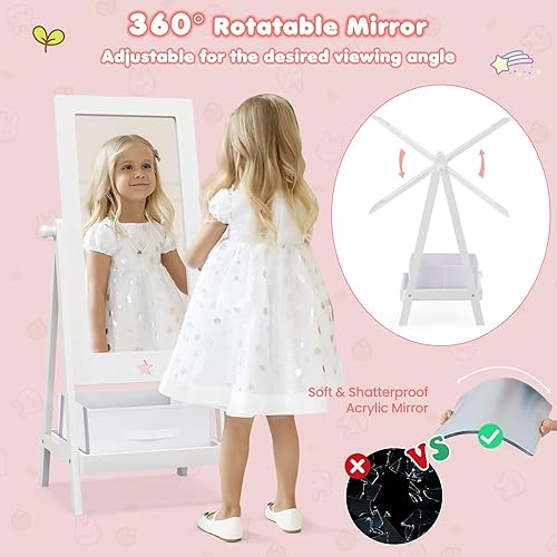 Miniatura 2 de Costzon Espejo de longitud completa para niños, espejo de pie con estante de almacenamiento y canasta, espejo de tocador rectangular giratorio de