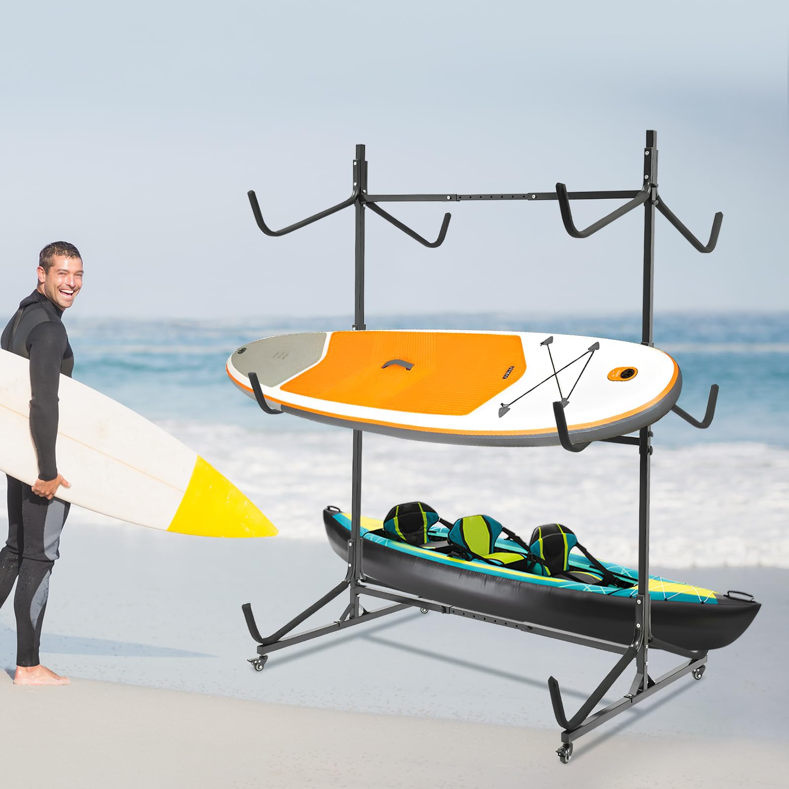 Kayak Stand,3 Tiers Freestanding Adjustable Kayak Storage Rack, Heavy Duty Kayak Storage Stand with Wheels for Store Kayaks, Small Canoes, Wakeboard,992Lbs Each Support Frame Load Capacity(Black)