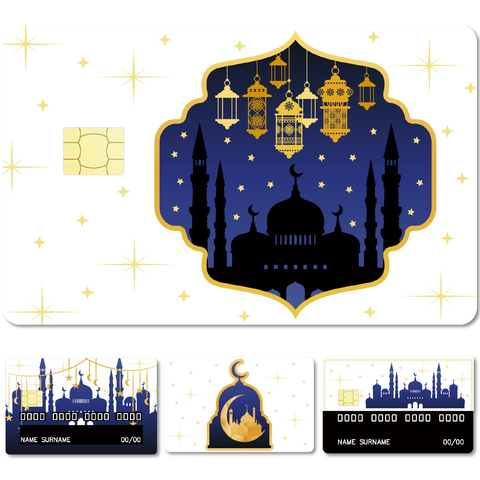 CREATCABIN 4Pcs Castle Credit Card Stickers Eid Card Cover Decor Cards Protecting Waterproof Removable No Bubble Matte Scratch Resistant Film for Transportation Card Bank Card Ramadan Gift 3.3x2.1in