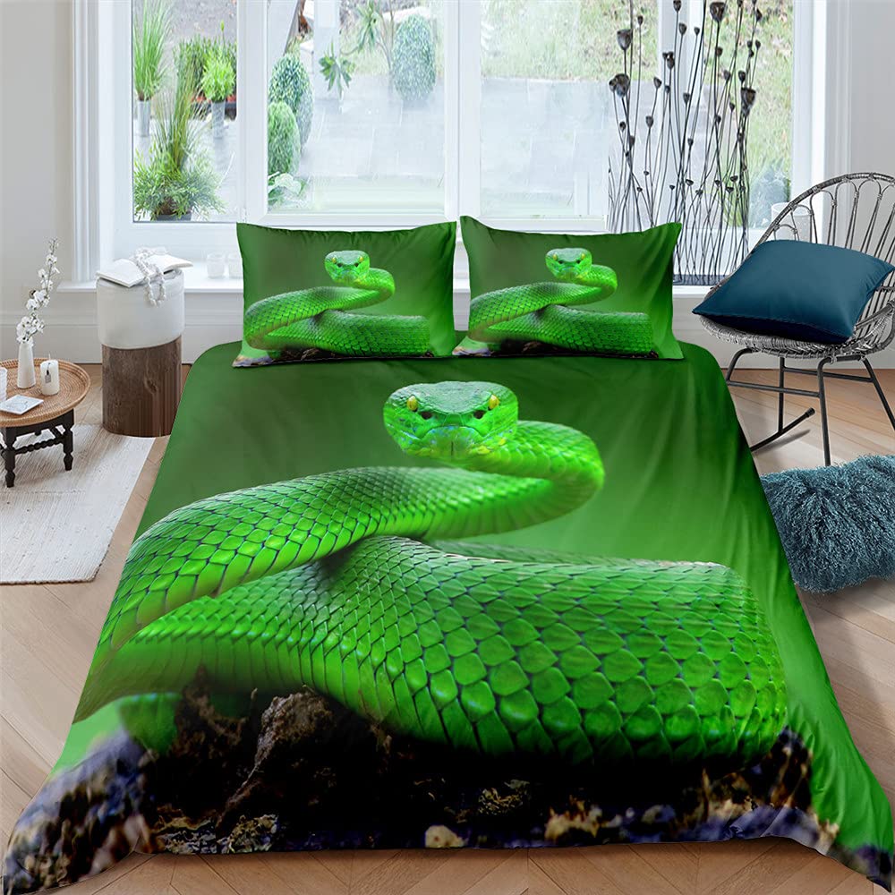 FANSU Duvet Cover with Pillow Case, Easy Care Duvet Cover Set for Double Single Super King Size, Polyester Bedding Set With Duvet Cover for Kids Boys Girls - 3D Snake Print (green,135x200cm)