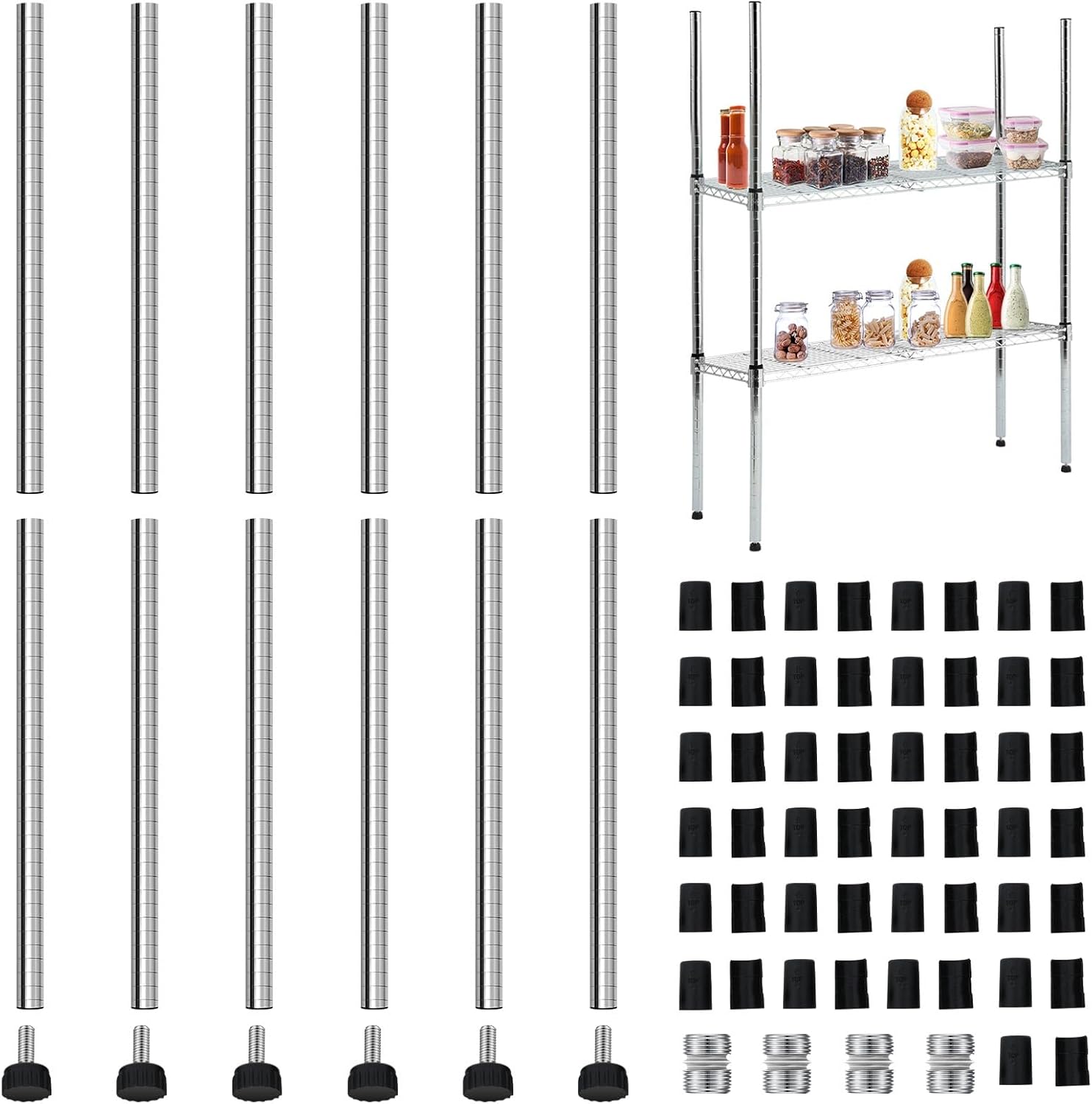 Thyle Set of 4 Wire Shelving Poles Including 12 Pcs 18'' Poles and 50 Pcs Shelf Clips, Heavy Duty Chrome Commercial Wire Shelving Parts for 1" Post Shelf Rack Accessories Replacement(54")