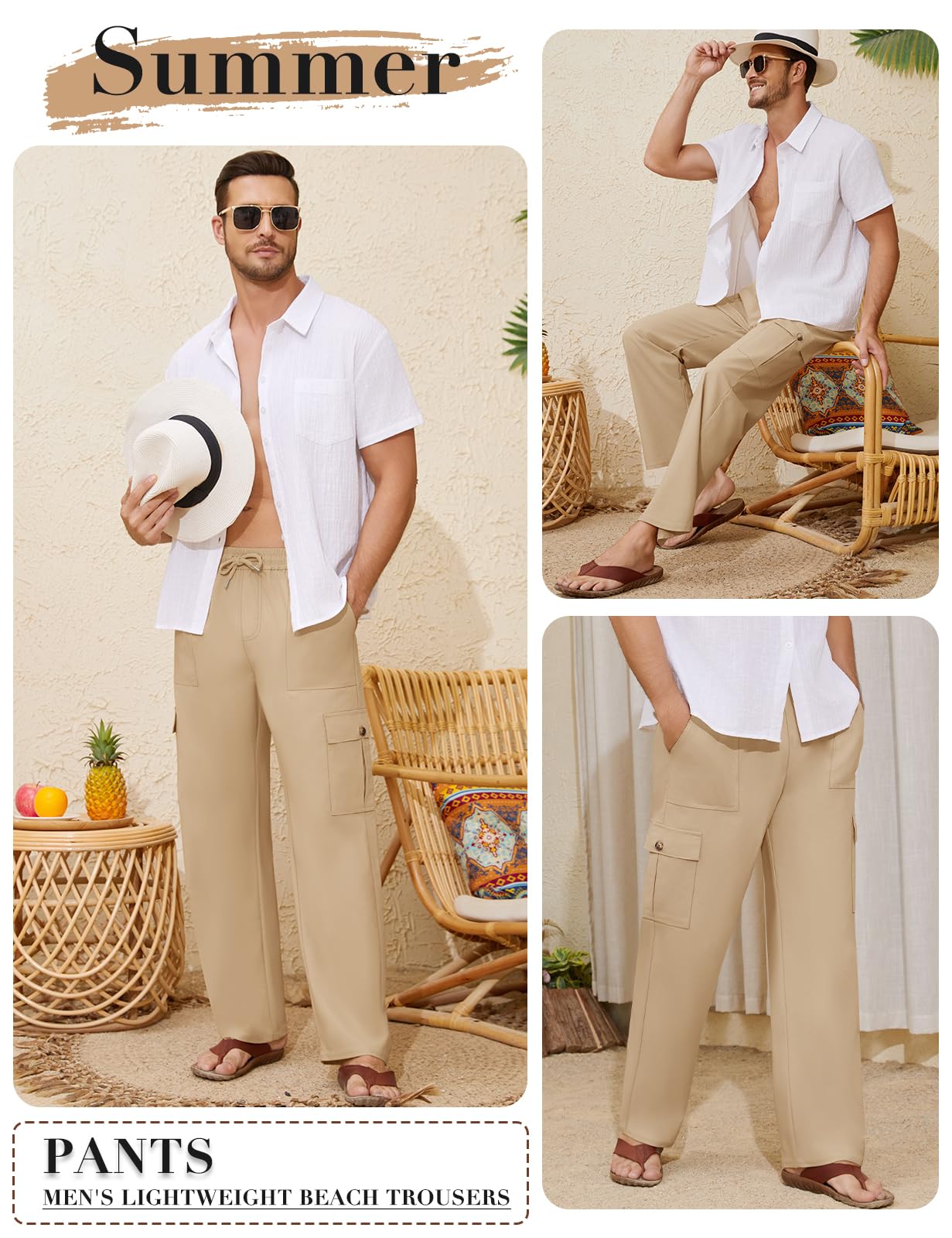 Voqeen Pantaloni Lino Uomo Estivi Pantalaccio Uomo Estivo Casual Pantaloni Elasticizzati in Vita con Tasche Cargo Pantalone di Lino Leggeri da Spiaggia Larghi