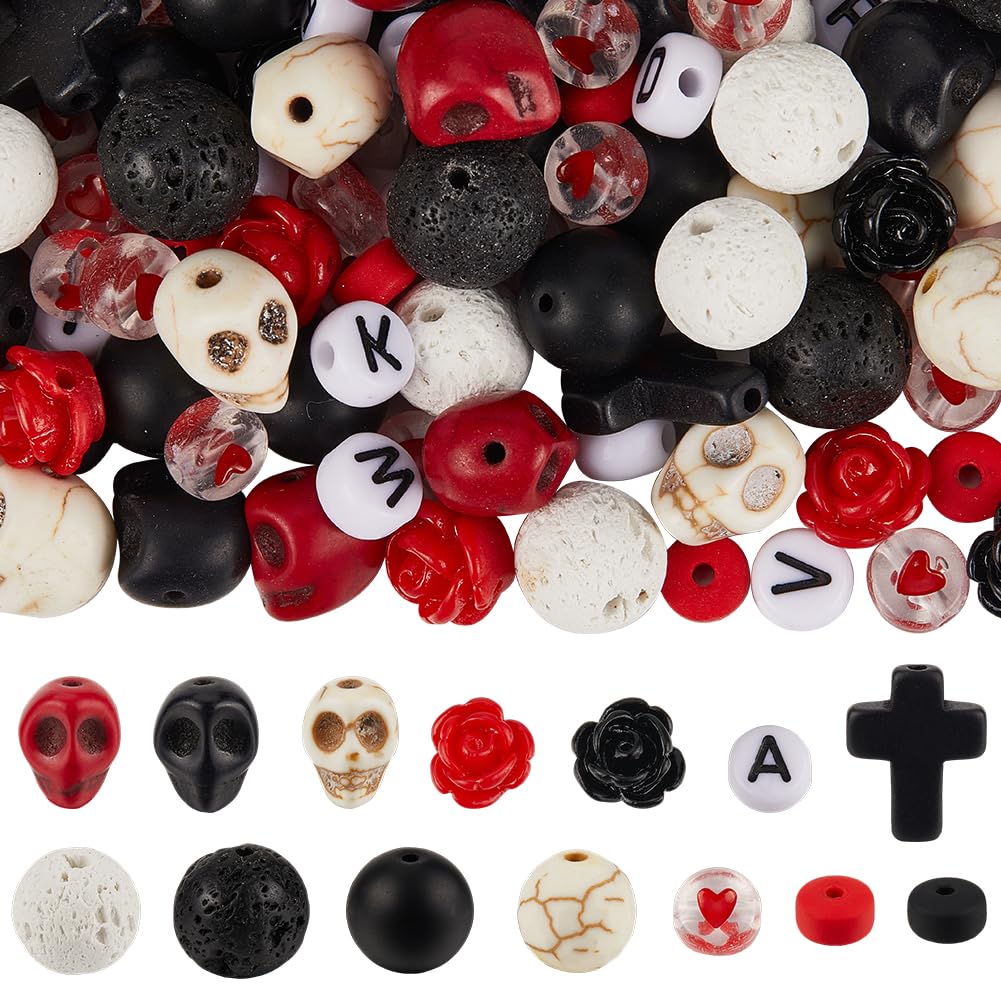 SUNNYCLUE 1 Box 416Pcs Halloween Beads Kit Stone Cross Beads Rose Flower Skull Bead Synthetic Turquoise Black Red Gemstone Bead Natural Lava Rock Beads for Jewelry Making Kits Adult DIY Supplies