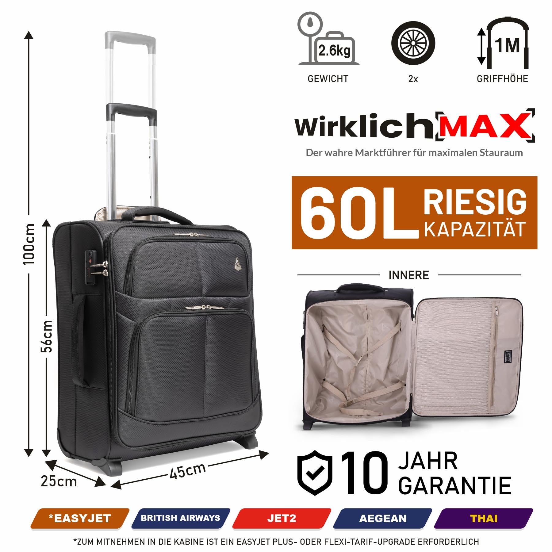 Aerolite 56x45x25 Trolley Koffer easyJet, British Airways, Jet2, Wizz Air Maximum Höchstbetrag 2 Rollen 60L Leichte Handgepäck Bordgepäck Kabinentrolley Reisekoffer Gepäck, 10 Jahre Garantie Schwarz | Für 56x45x25cm easyJet, British Airways, Jet2, 60L, Le