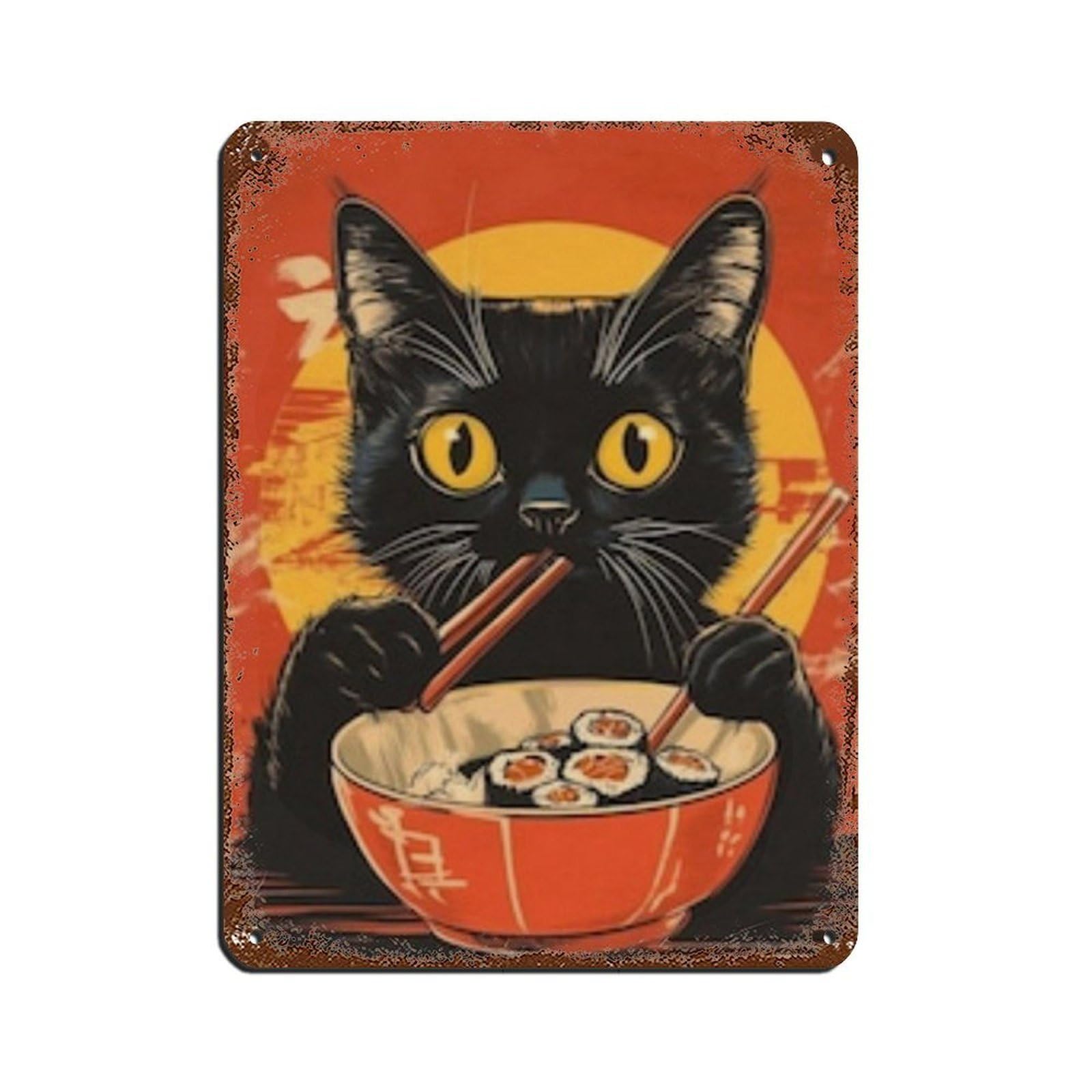 Lxwnze 30L X 40W Cm Cute Cat Eating Sushi Poster, Retro Poster Metal Tin Sign Chic Art Retro Iron Painting Bar People Cave Cafe Family Garage Poster Wall Decoration 12X16inch(30X40cm)