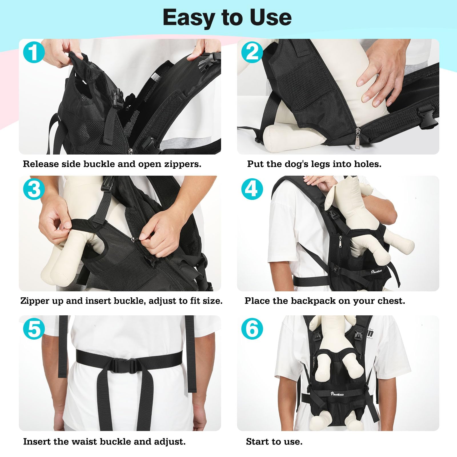 Pawaboo Zaino Frontale per Cani, Trasportino per Cani con Zampe Fuori, Pettorina Regolabile Facile da Indossare per Canis di Taglia Piccola e Media, Mani Libere per Viaggi, Escursioni, XL, Nero