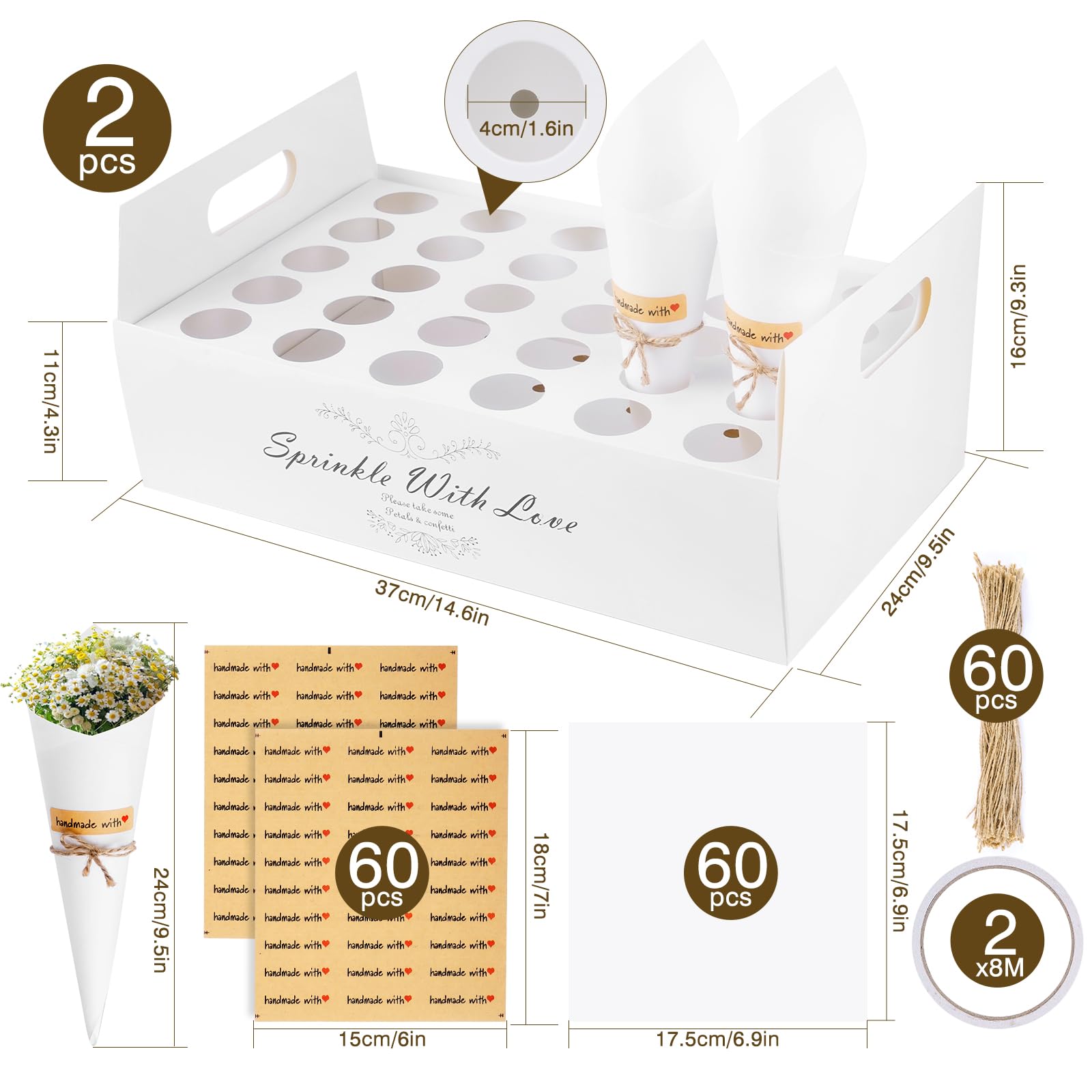 KALBIGRO 60 Pezzi Coni Portariso Matrimonio, Kraft Coni Riso Matrimonio con 2 Portacoriandoli, per Nozze Comunione Compleanno, Bianco - 3