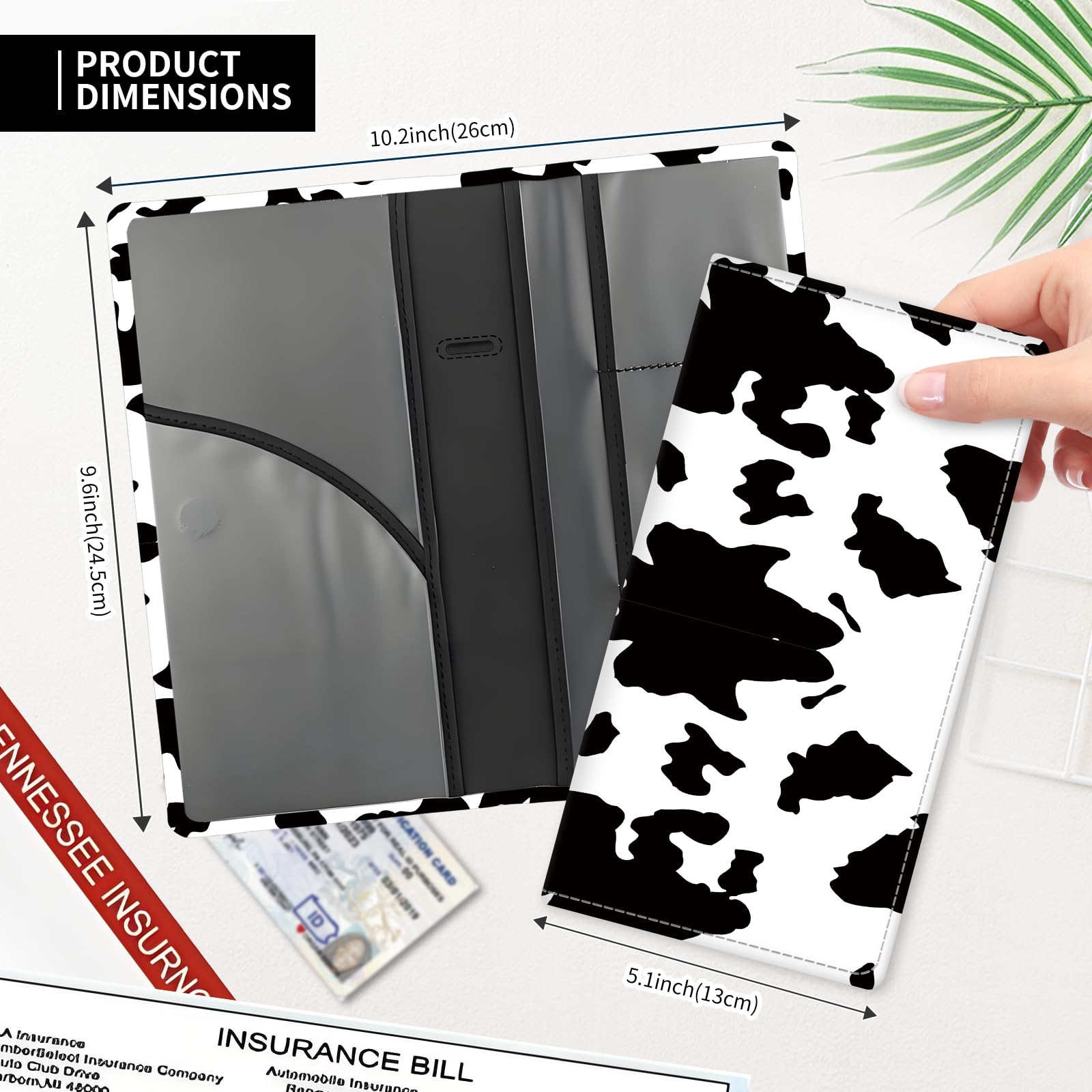 Porta carte di registrazione e assicurazione per auto, in pelle, accessori per auto, portaoggetti per auto, organizer per documenti, carte, patente, mucca bianca e nera