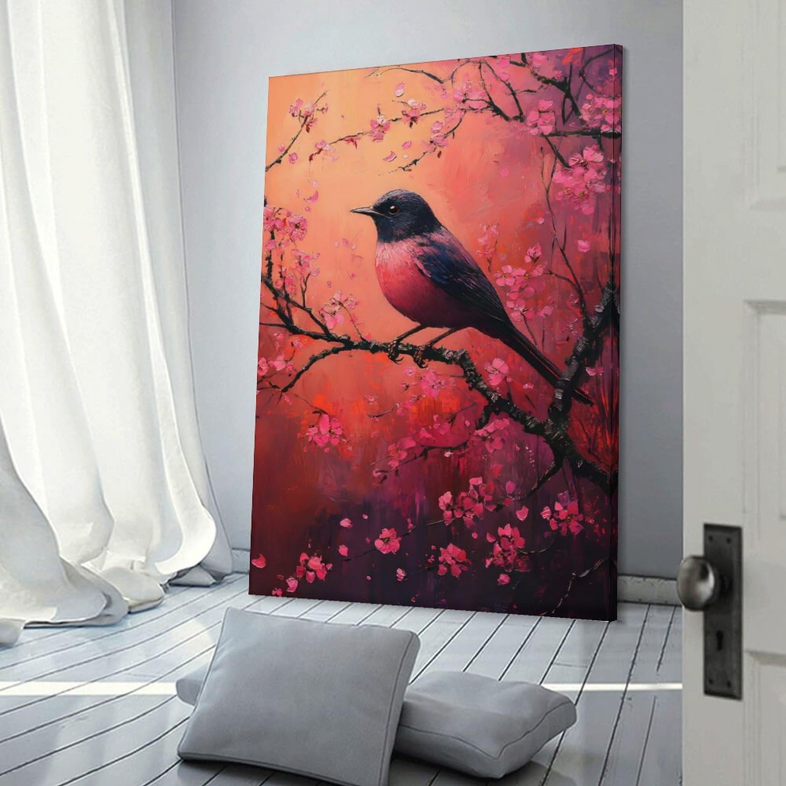 Junmoney Frame-Style-18 Pink Bird On Cherry Blossom Branch Wall Art Print, 24X36inch(60X90cm), For Living Room, Bedroom, Office Or Hallway, A Flexible Wall Accent For Shared Spaces