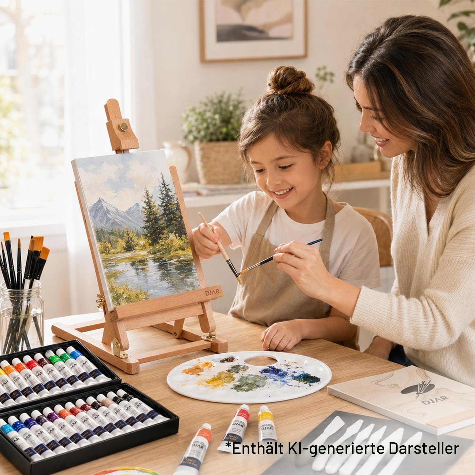 DJAR 49-teiliges Acryl Malset mit 64 cm Tischstaffelei, Verstellbares Buchenholz Malset mit 24 Farben, Leinwänden und Palette für Künstler