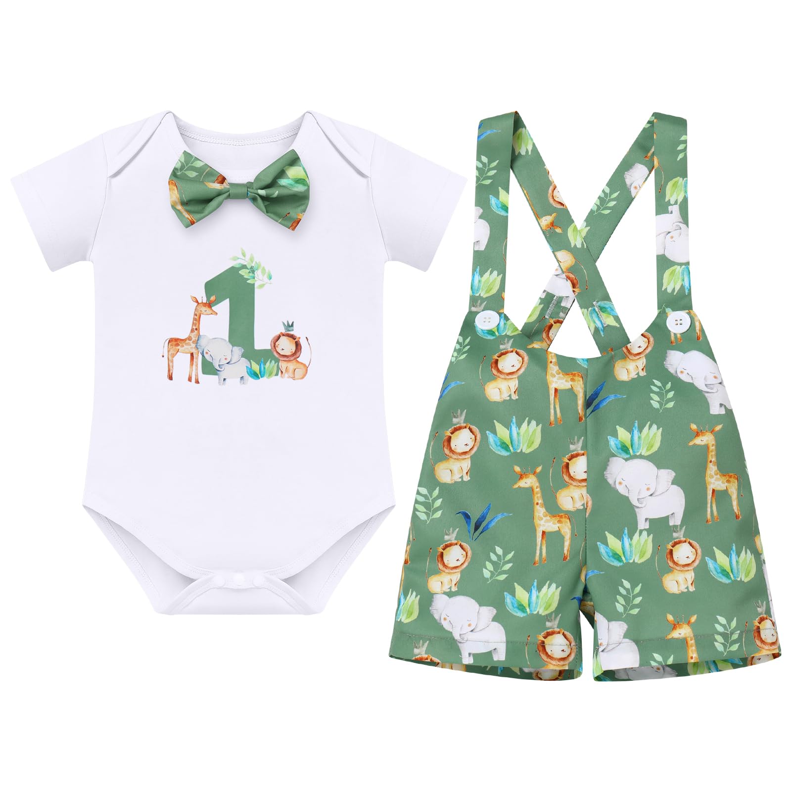 FYMNSI Animal First Birthday Outfit Boy Baby Cake Smash Outfits Bowtie Romper Suspender Shorts 2PCS Party Photo Shoot Clothes