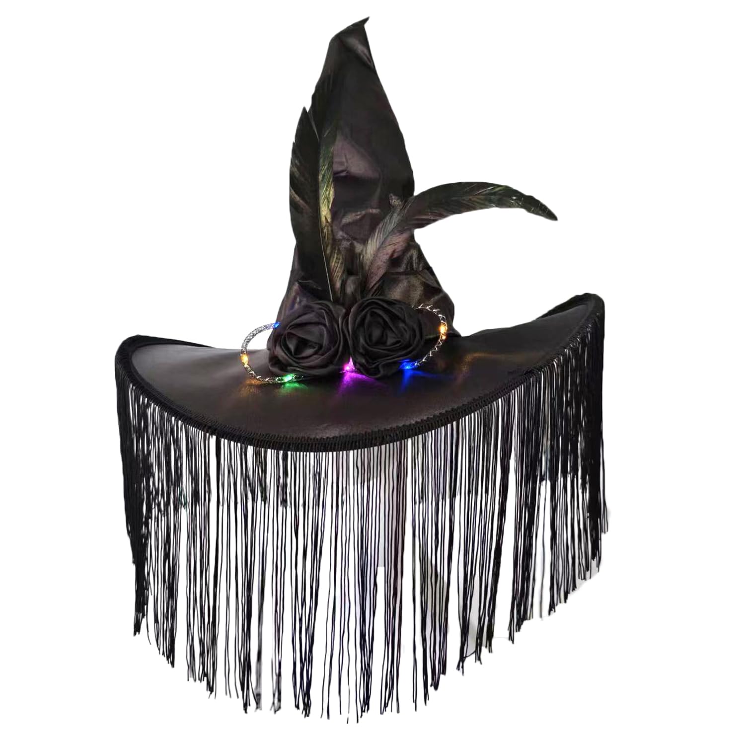 ITODA Women Tassel Witch Hat Satin Wizard Hat with LED Lights Pointed Witch Hats Fancy Dress Accessory for Halloween Witch Costume Party Christmas Carnivals