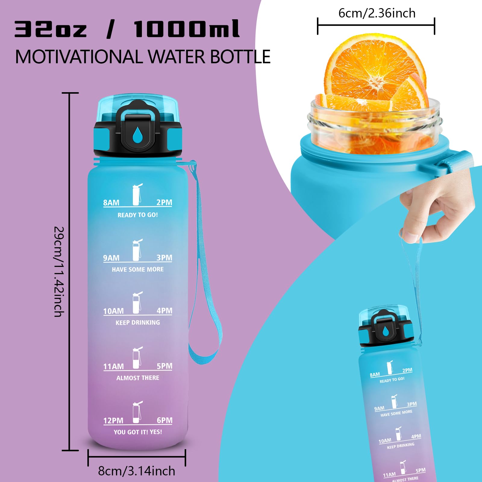 Grsta Borraccia 1 litro, Borraccia con Cannuccia, Senza Perdite, Borraccie Motivazionale, Facile da Pulire, Borracce con Orari per Bere, Bottiglie Acqua per Fitness, Campeggio, Yoga