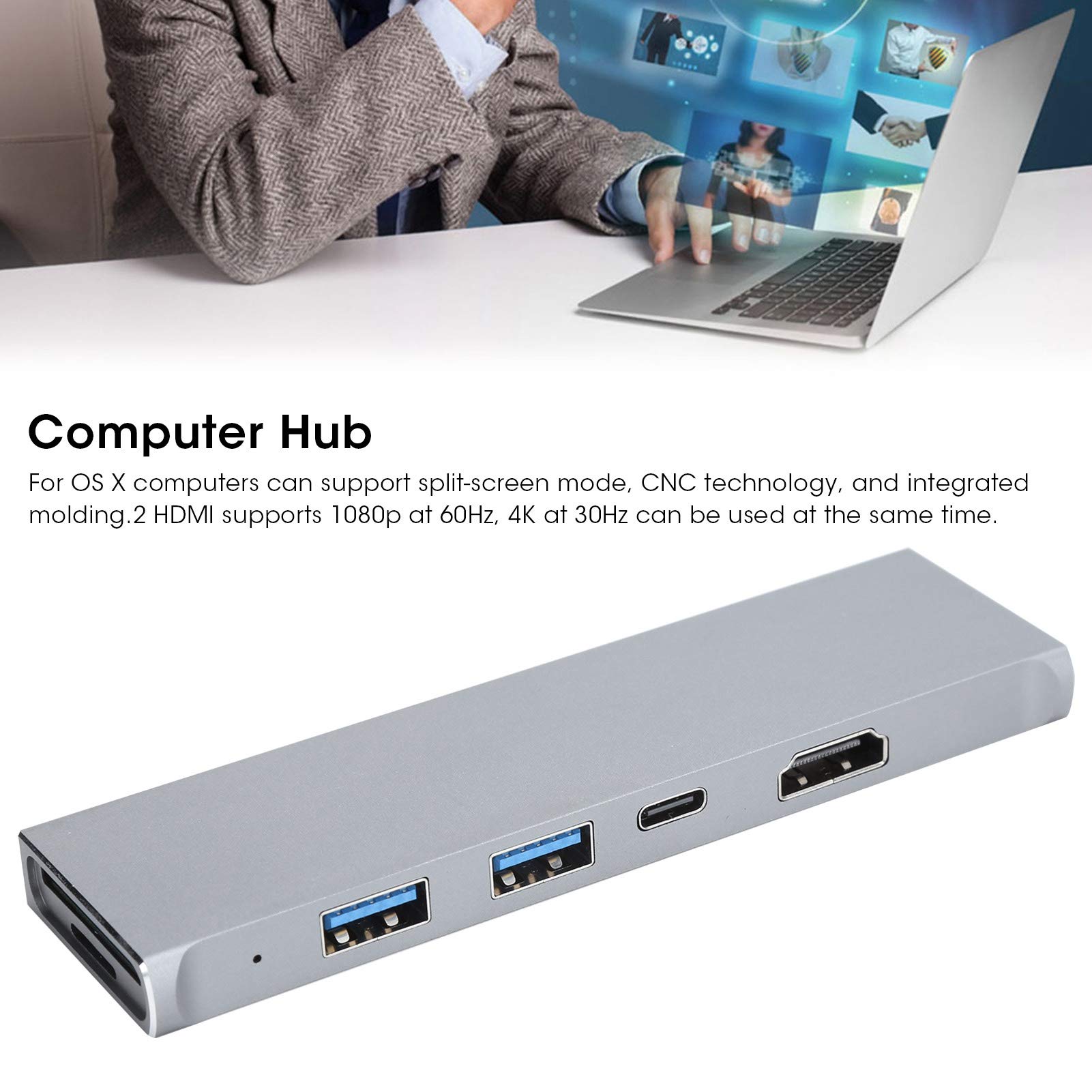Adapter koncentratora USB C 7 w 1, koncentrator komputerowy z 2 portami USB 3.1, 2 porty HDMI, czytnik kart SD/TF, ładowanie PD, metalowy hub procesowy CNC do Pro Air, laptopa, komputera, do użytku
