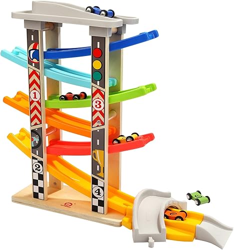 Top bright Rampa de carreras infantil para niños de 1 a 2 años de edad, para autos de madera con 6 miniautos