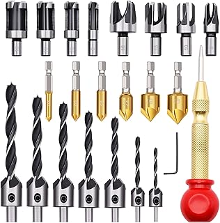 23pcs Woodworking Chamfer Drilling Tool Set, Including 7pcs 3-Point Countersink Drill Bit, 8pcs Wood Plug Cutters, 6pcs Countersink Drill Bits, 1pcs L-Wrench, 1pcs Center Punch for Wood