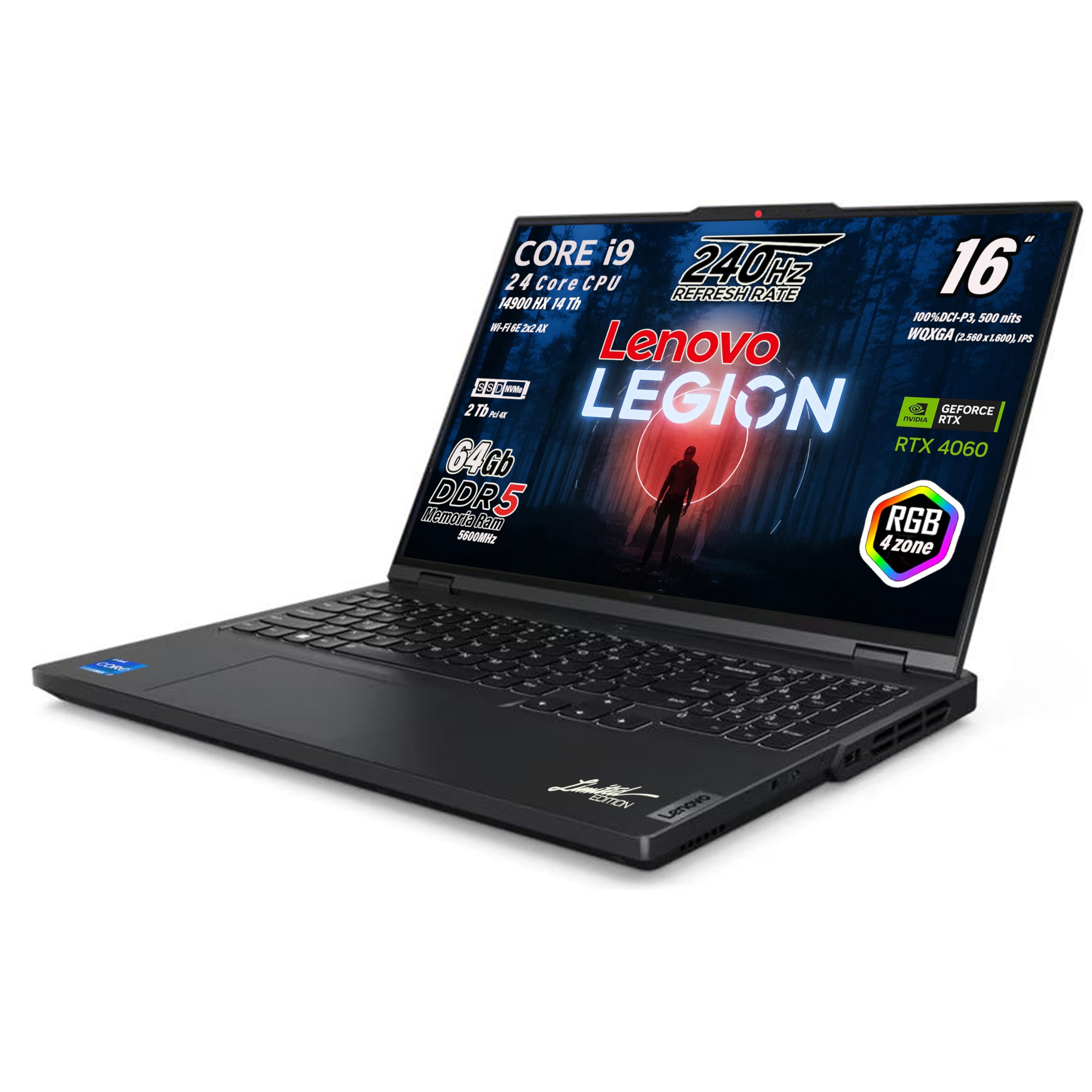 Lenovo Legion PRO5 Notebook Gaming, Intel Core i9-14900HX 24Core, RAM DDR5 64Gb, SSD 2TB (2 x 1Tb) Display 16" 100% DCI-P3, 500 nits, 240 Hz, RTX 4060 8Gb, Tastiera QWERTY RGB 4Zone, Win 11 Pro