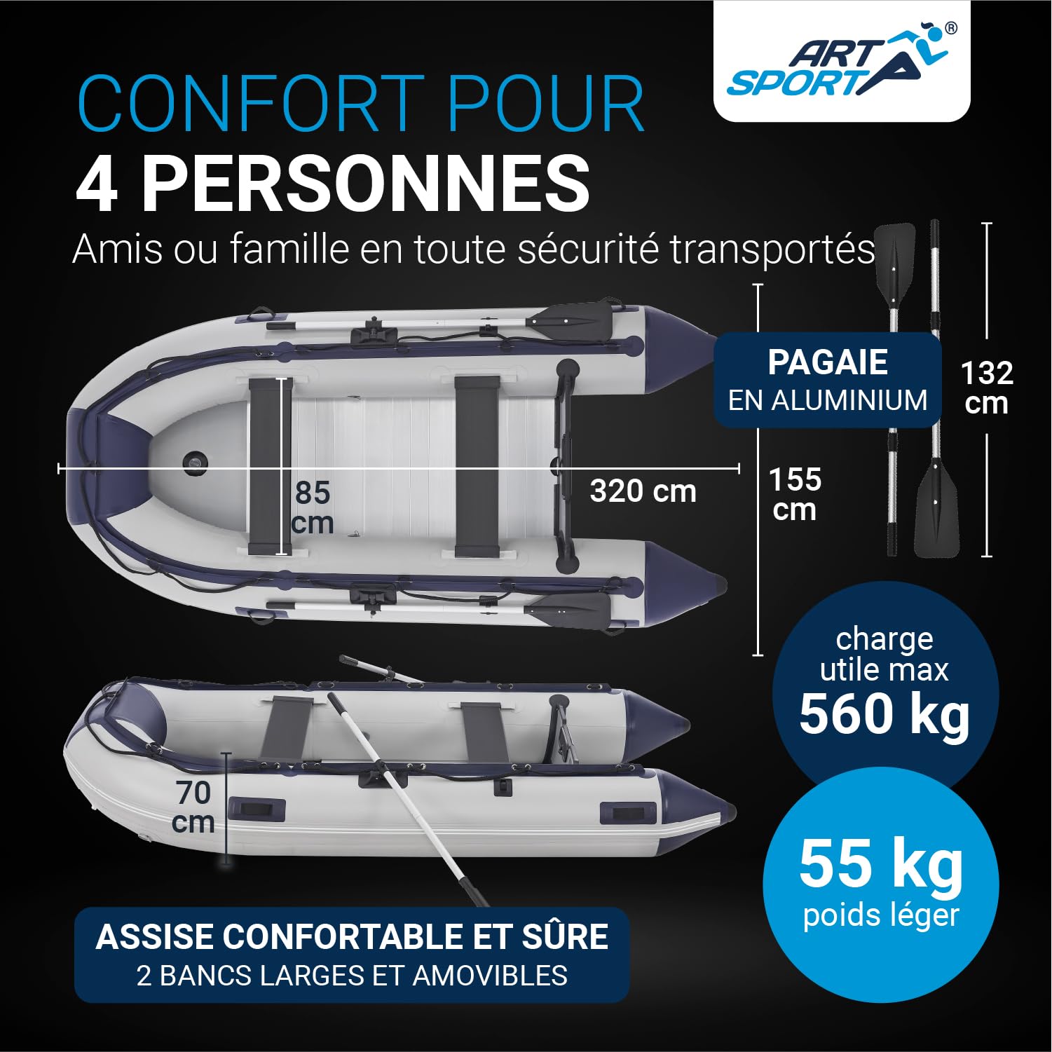 ArtSport Bateau pneumatique 3,20 m pour 4 Personnes avec 2 bancs et Plancher en Aluminium – Bateau à rames avec pagaie, Pompe à air, Sac et kit de réparation – Bateau de pêche Gonflable
