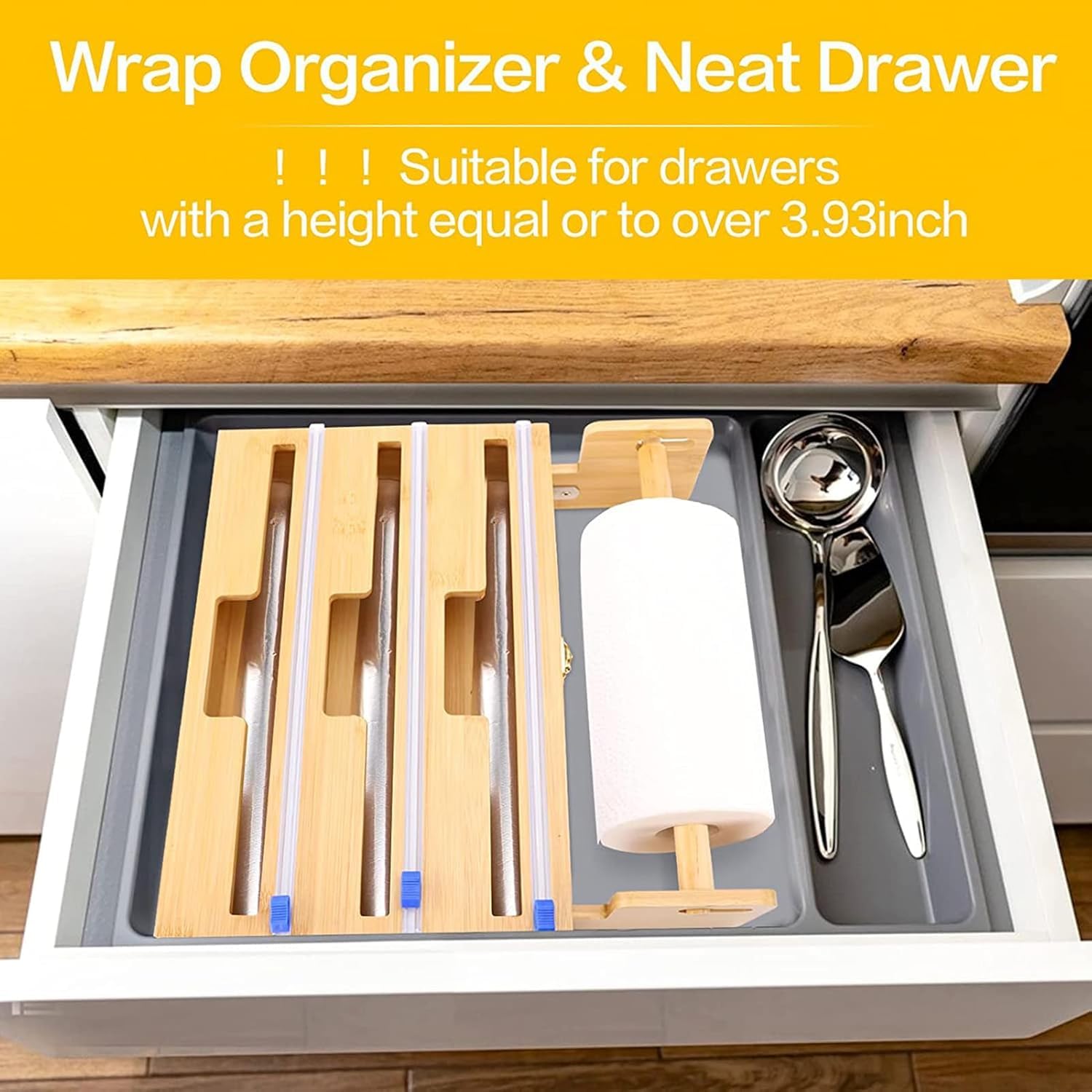 Distributeur de film plastique avec cutter, organiseur 4 en 1 pour papier d'aluminium et papier essuie-tout, solution de rangement et d'organisation de cuisine en bambou, style 2