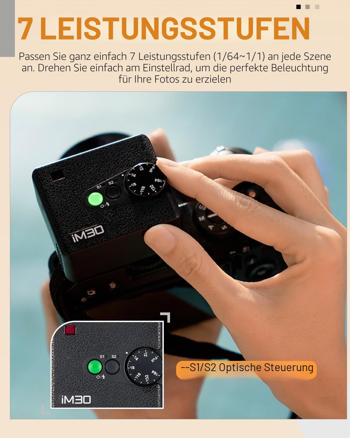 Godox iM30 Mini-Blitz, Speedlite Kompatibel mit Sony ZV1/ZV-E10, Canon, Nikon, Fuji und Ricoh GR3, GN15 Leistung mit 7 einstellbaren Stufen, 6500 K Tageslichtausgleichsblitz, 3,6 s Wiederholungszeit,