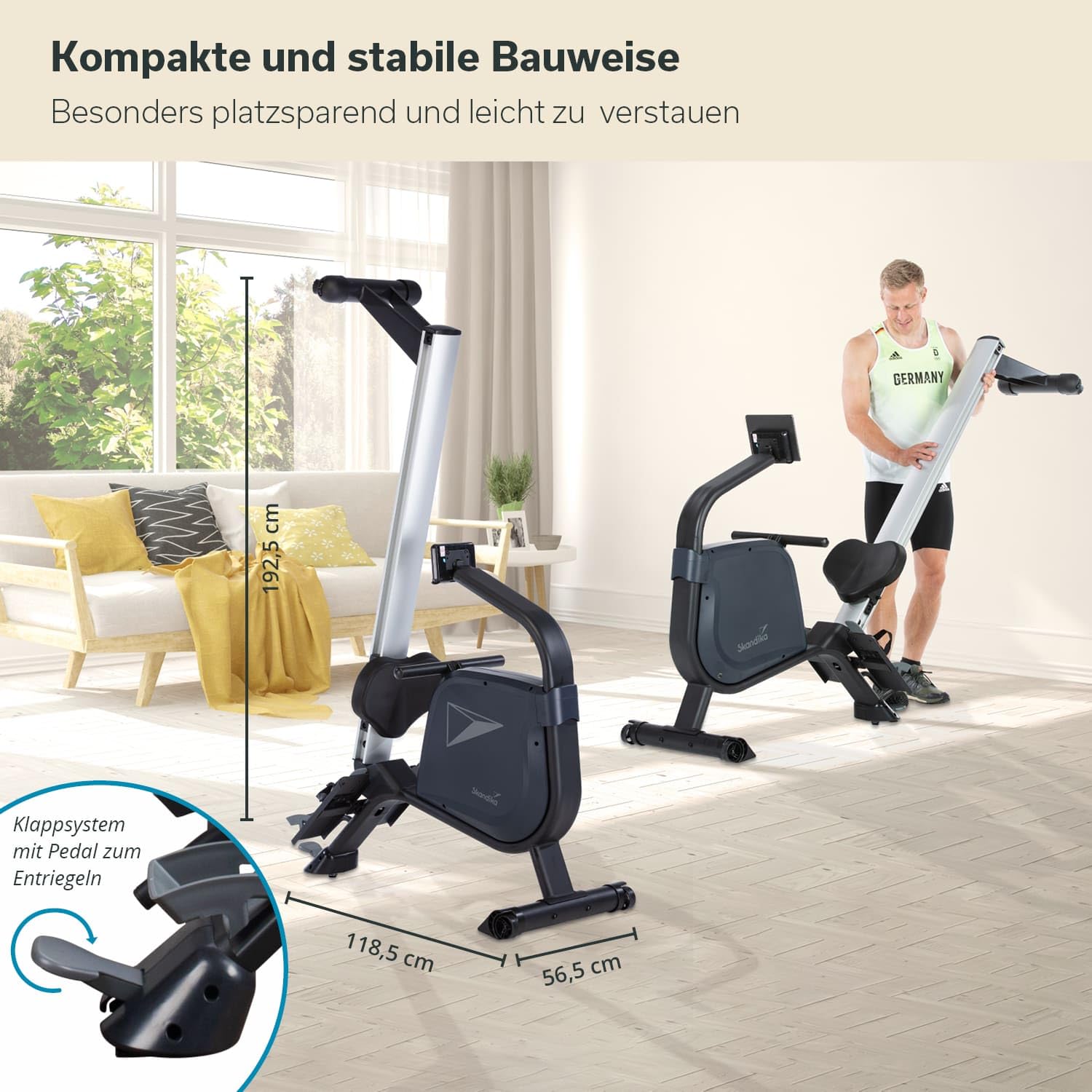 Skandika Rudergerät Njord | Ruderergometer mit 16 Stufen, klappbar, Studioqualität, 8 kg Schwungmassensystem, max. 180 kg, Lange Laufschiene, Kinomap, Bluetooth, | Fitnessgerät für Zuhause