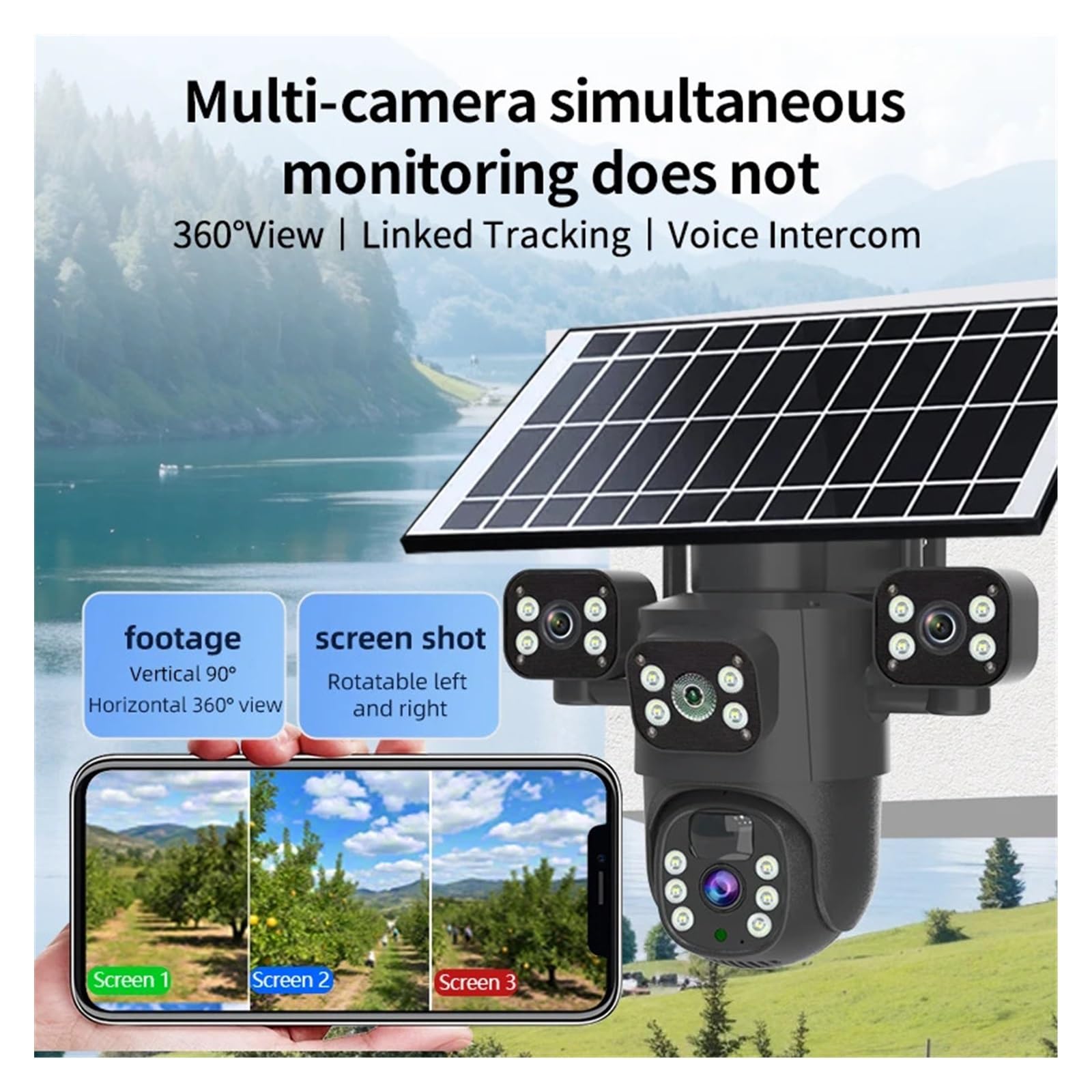 Security Camera, Cámara PTZ Solar WiFi de 6 MP, CCTV, Tres Lentes, Pantallas, Seguimiento automático, protección Seguridad, cámaras vigilancia IP 4G for Exteriores(4G CAM Add 32G)