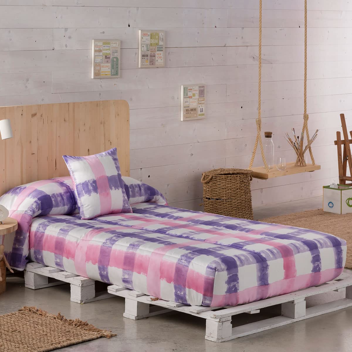 Edredón Ajustable Cuadros Lila Lanovenanube Cama 90 150 gr | Edredón ajustable CUADROS lila Lanovenanube cama 90 150 gr